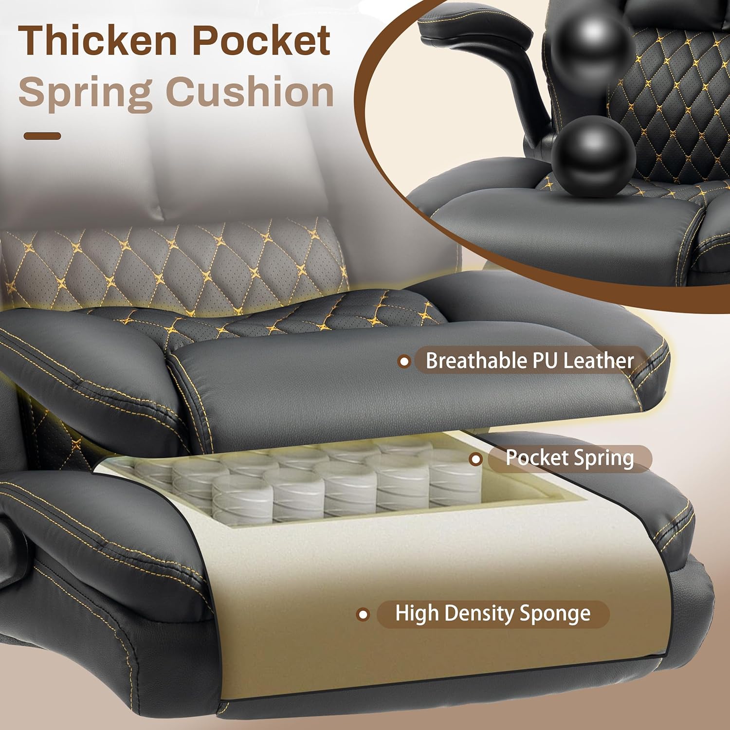 Massage Office Chair, 500LBS Ergonomic Rocking Executive Desk Chairs with 4 Points Vibration&Heat,Padded Flip-up Armrests for Big and Tall Office Chair,Swivel Computer Chair Thicken Back, PU Black