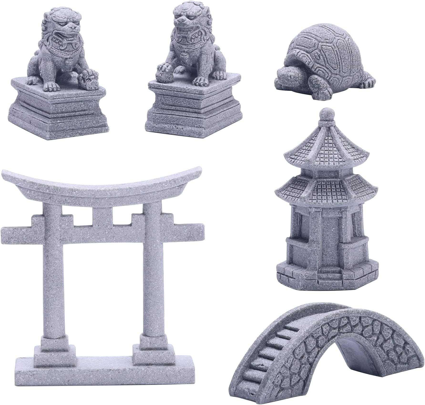 6 PCS Mini Zen Garden Accessories, Miniature Garden Bridge Foo Dogs Torii Gate Sandstone Figurines Meditation Zen Decor Japanese Fish Tank Terrarium Bonsai Decorations (Art Deco)