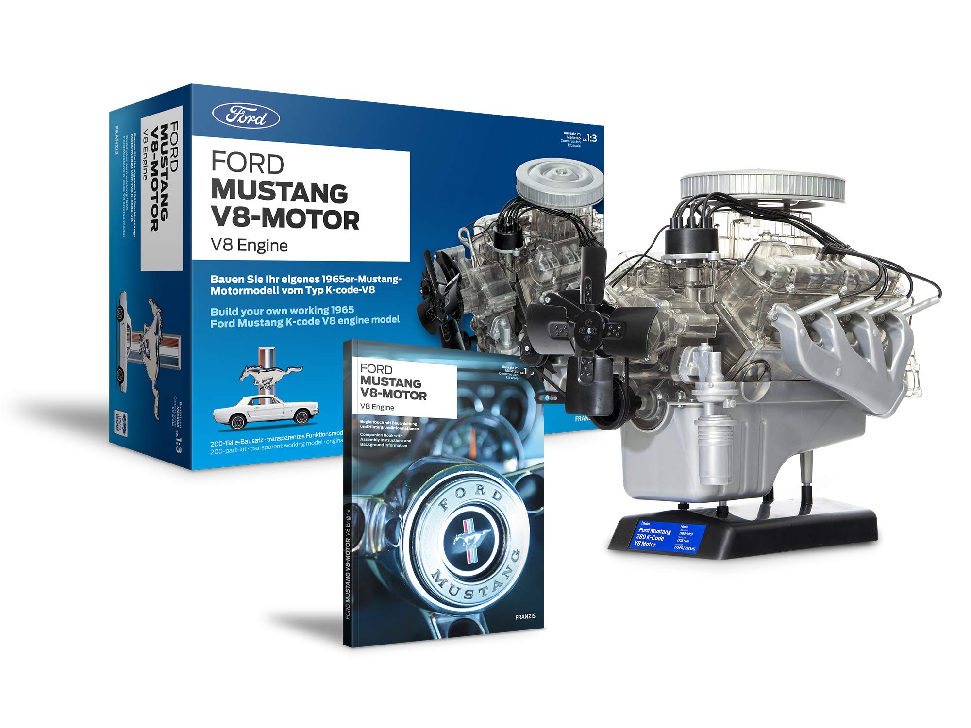 Franzis FMV019 Ford Mustang V8-Motor | 200-Teile Bausatz - transparentes, voll funktionsfähiges Motormodell und reich bebildertes Handbuch | Basteln für Auto Fans | Ab 14 Jahren