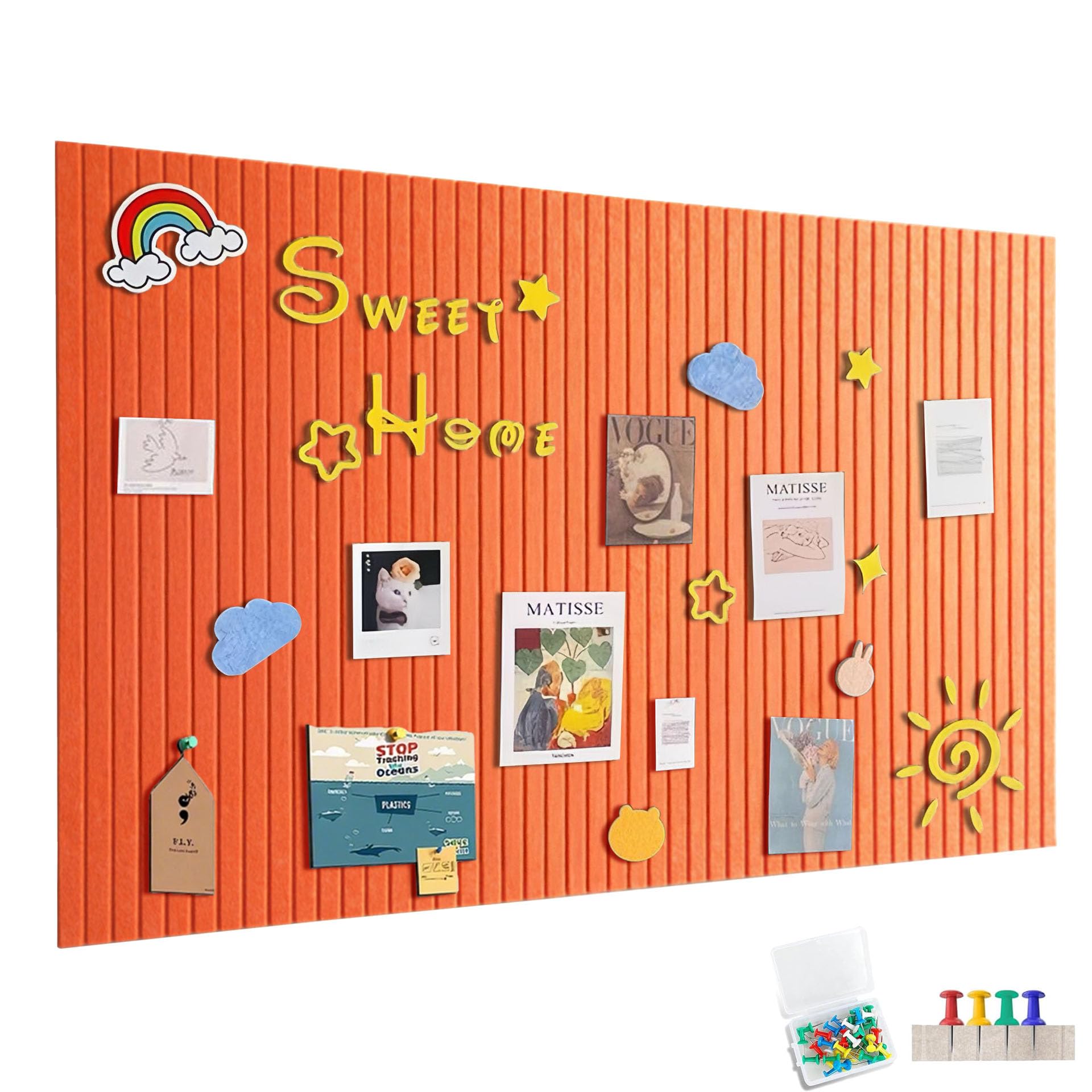 120 x 90 cm large pin board, large cork board, decorative cork wall made of felt, 0.9 cm thick, foldable photo board with self-adhesive tape, felt self-adhesive vision board, push pins felt, mandarin