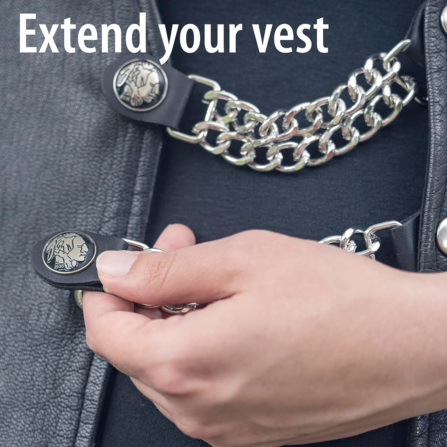 Diamond Plate 4-Piece Vest Extender Set - Faux Leather Ends, Nickel Button with Indian Head Engraving - 6.5 Inch Extensions