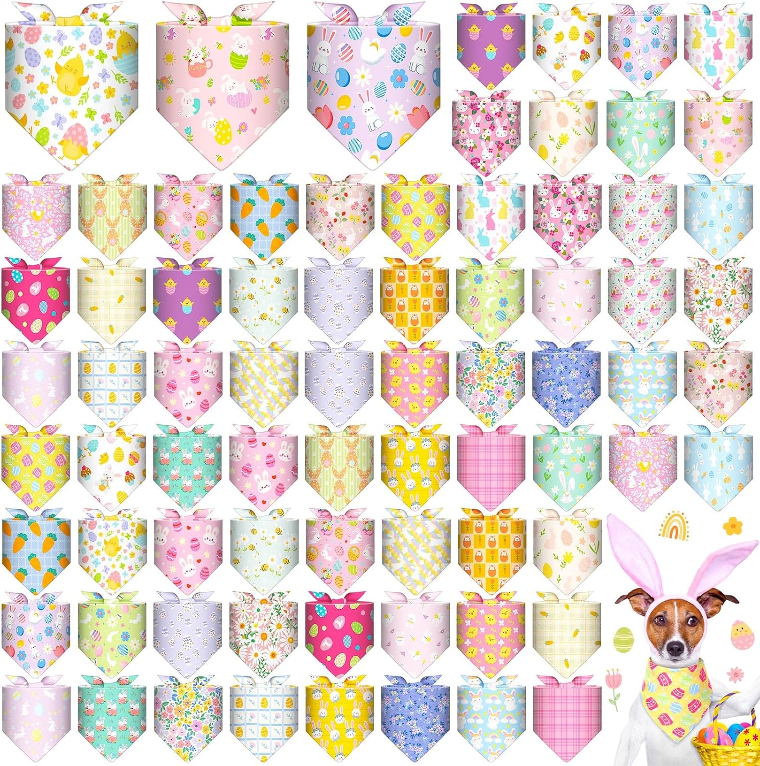 72 Pcs Easter Dog Bandanas Bulk Easter Bandanas for Dog Adjustable Washable Pet Triangle Scarf Soft Kerchief Bib for Holiday Pet Costume Accessories