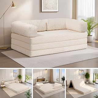 5-in-1 Convertible Sofa Bed Queen,Tri-Fold Mattress with Removable L-Shaped Armrests,Corduroy Boneless Couch Floor Sofa Futon Couch Sleeper with Pull Out Bed for Living Room Bedroom Apartment