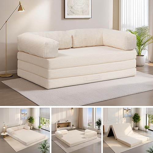 5-in-1 Convertible Folding Sofa Bed,Full Tri-Fold Mattress with Removable L-Shaped Armrests,Corduroy Boneless Couch Floor Sofa Futon Couch Sleeper with Pull Out Bed for Living Room Bedroom Apartment