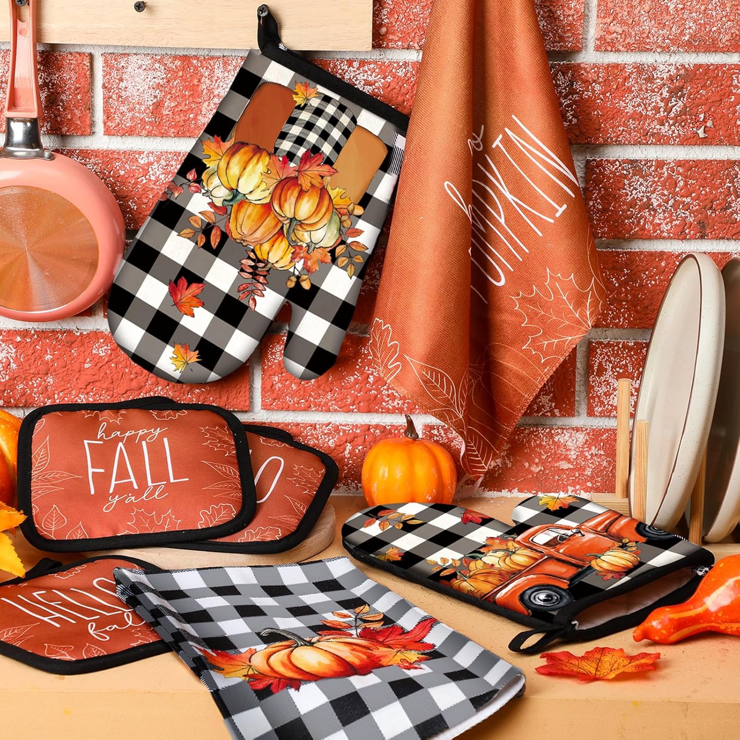 Mindsoft 6 Pcs Thanksgiving Kitchen Towels Pot Holders and Oven Mitts Set Including 2 Pumpkin Dish Hand Towels 2 Thanksgiving Square Potholders 2 Heat Resistant Gloves for Cooking Baking Gift Home
