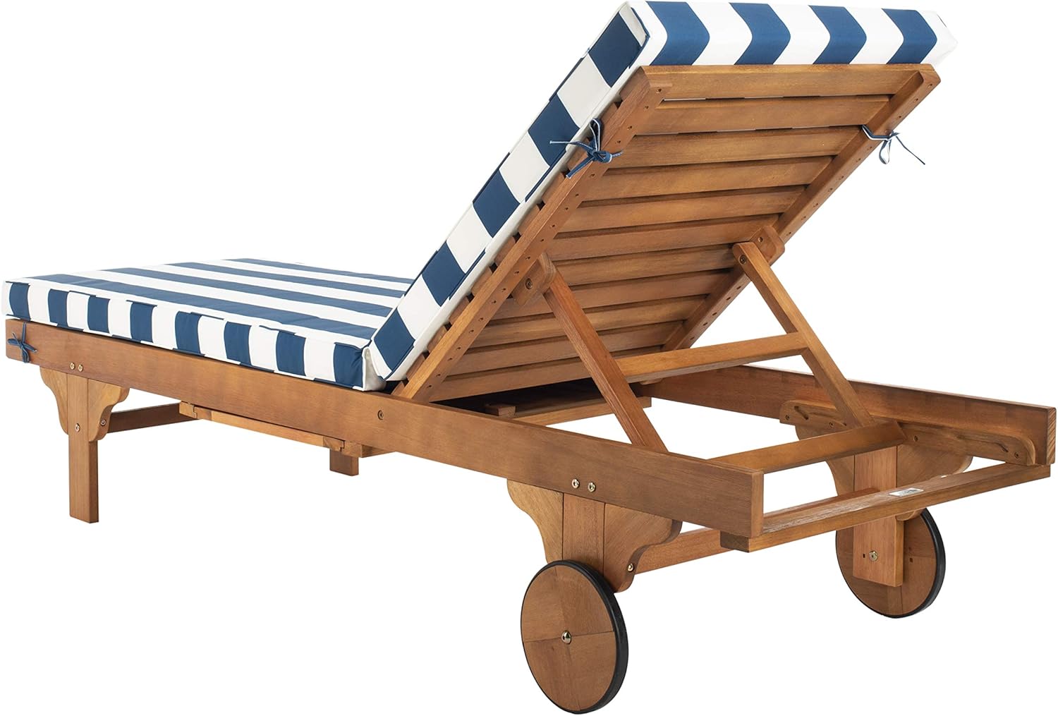 SAFAVIEH Outdoor Collection Newport Natural/ Navy & White Stripe Cushion Built-in Side Table Adjustable Chaise Lounge Chair