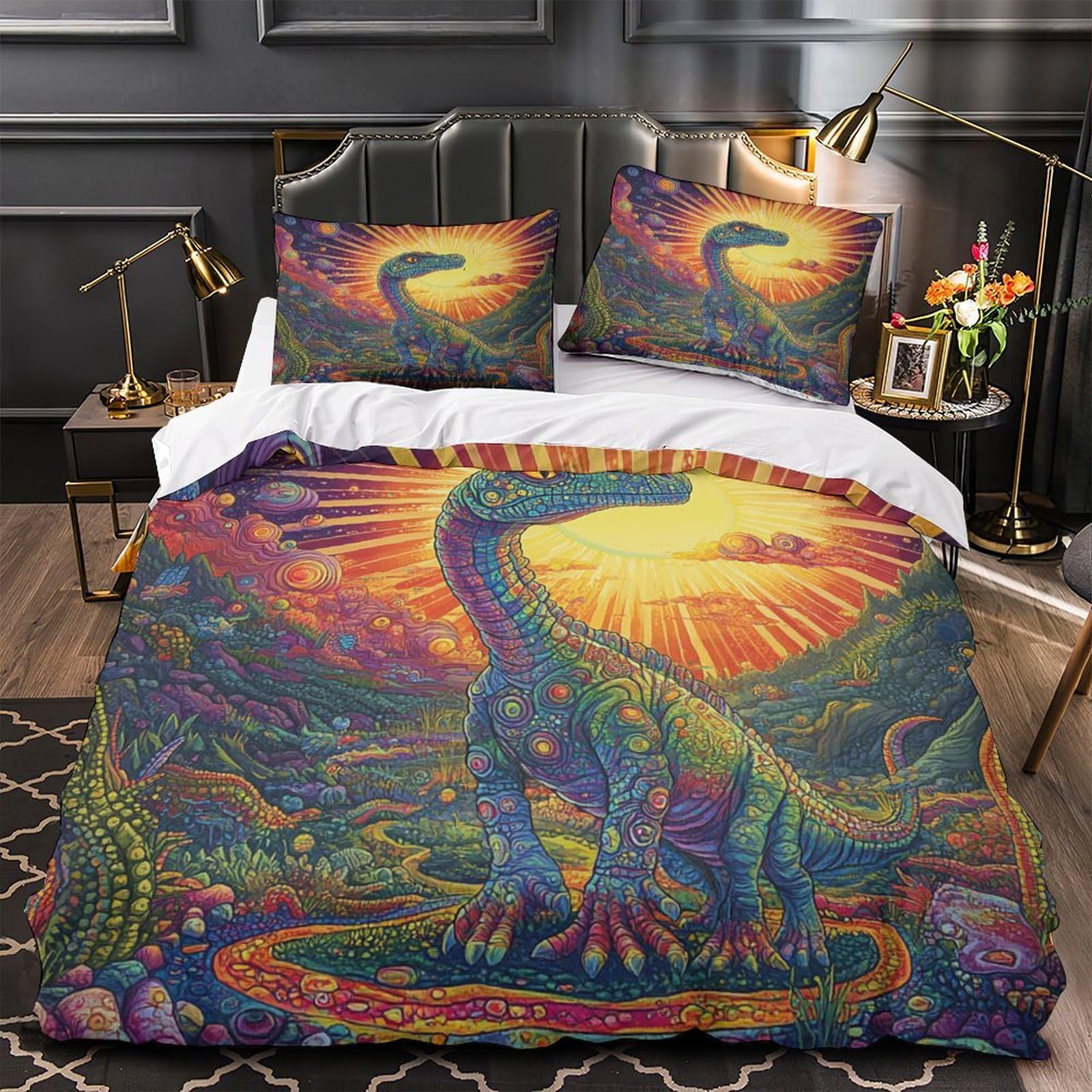 Drap de couette dinosaure psychédélique 3D en microfibre 220x240cm