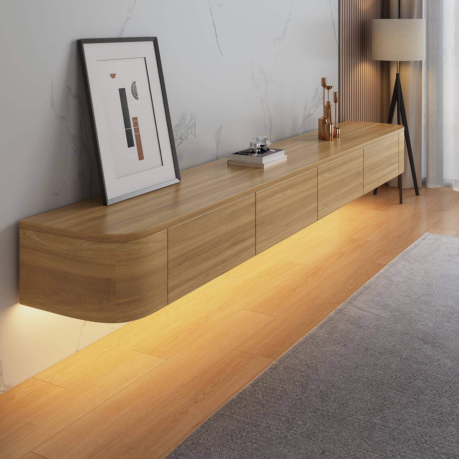 Console multimédia murale avec lumières pour sublimer vos soirées cinéma en famille dans le salon