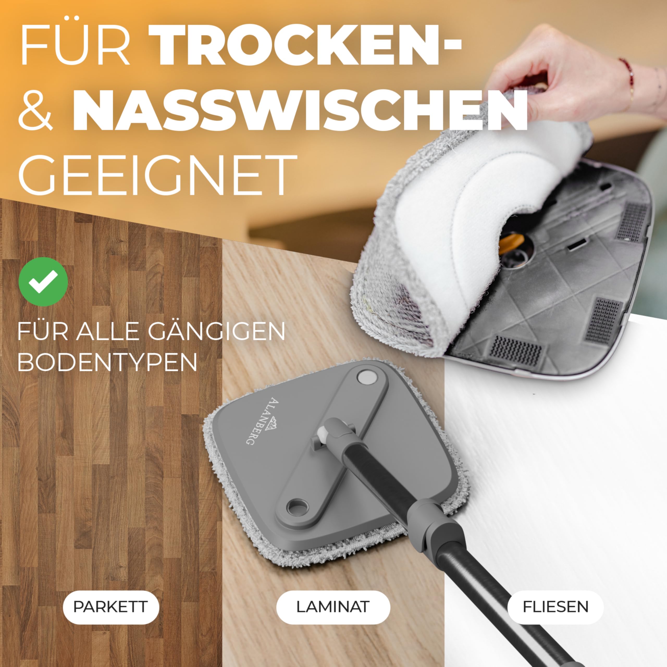 Wischmopp Set mit Eimer, 2-Kammer-System & 2 Mikrofaser-Pads, Flachmopp Bodenwischer mit Edelstahlstiel & Auswringfunktion, Nass- und Trockenmopp für Home & Bodenreinigung, Grau – ALANBERG®