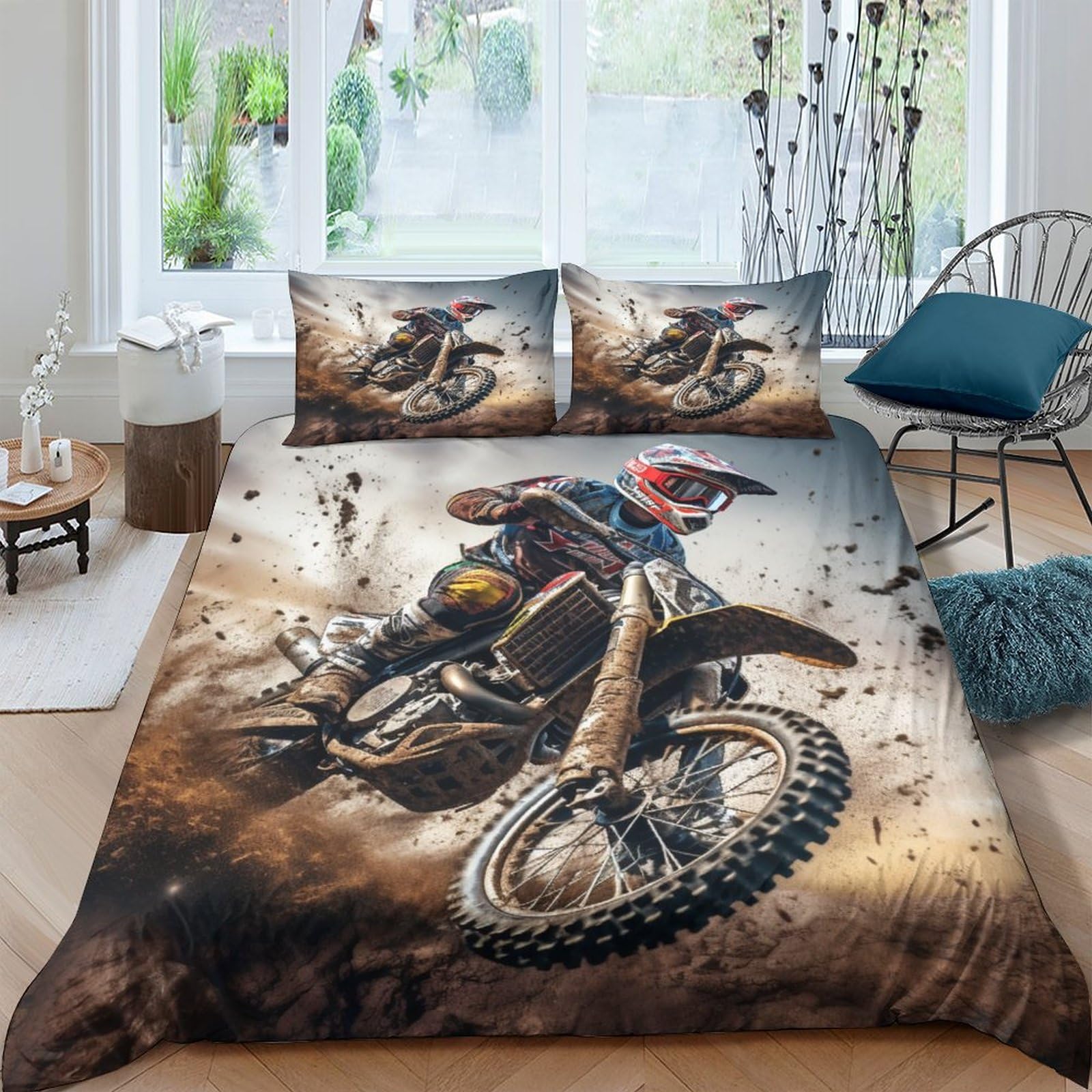 BARDYS Motocross Duvet Cover with Pillowcaser Kids 3D Printed Bedding Motorbike Comforter Cover Soft Microfiber Quilt Cover for Girls, Boys Bedding Set，with Zipper Closure Double（200x200cm）