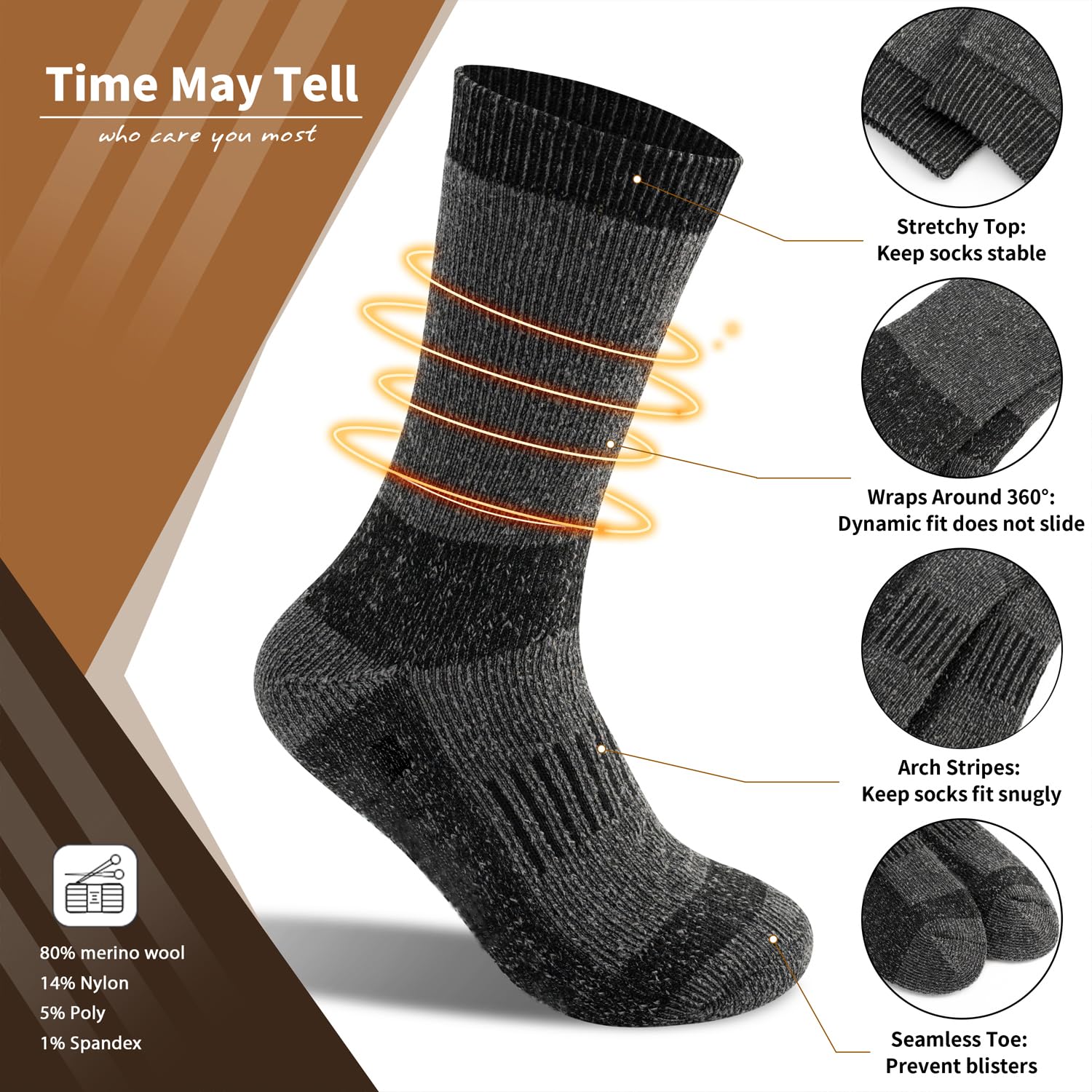 Time May Tell Calcetines de lana de merino para hombre (2/4 pares, 6-13 tamaños)