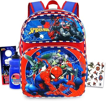 Spider-Man Backpack for Boys School Bundle w/ 16in Bookbag + More | Large Durable Spider Man School Bag w/ Front Zip Pocket Plus Water Bottle, Tattoos, More - Spiderman School Supplies