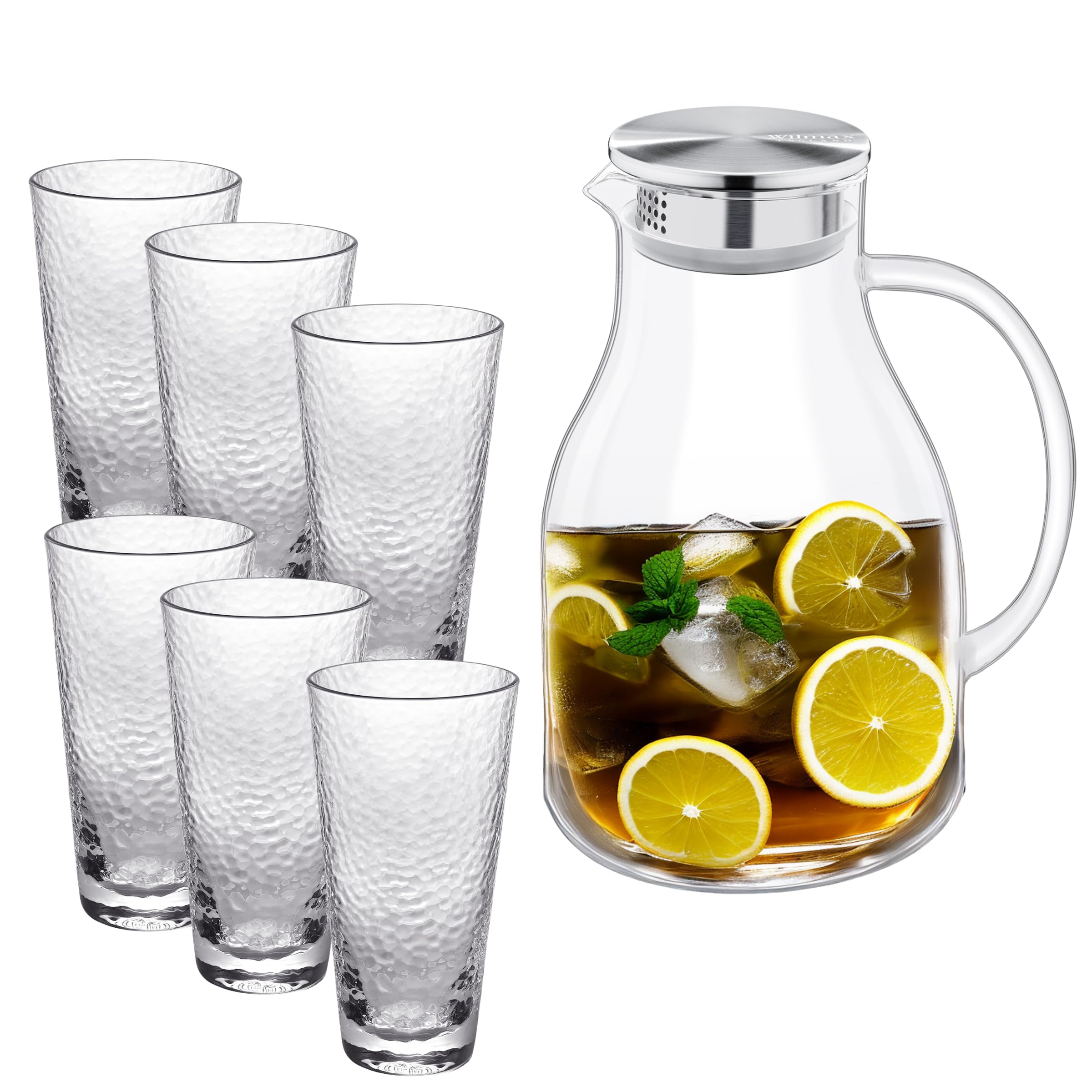 Wilmax Glaskrug 2,5L mit 6 Wassergläser 450ml im Set | Getränkeset | Wasserkrug für Saft, Wasser, Eistee, Milch | Glaskaraffe | Wasserkanne | Spülmaschinenfest | Glaskanne | Transparent