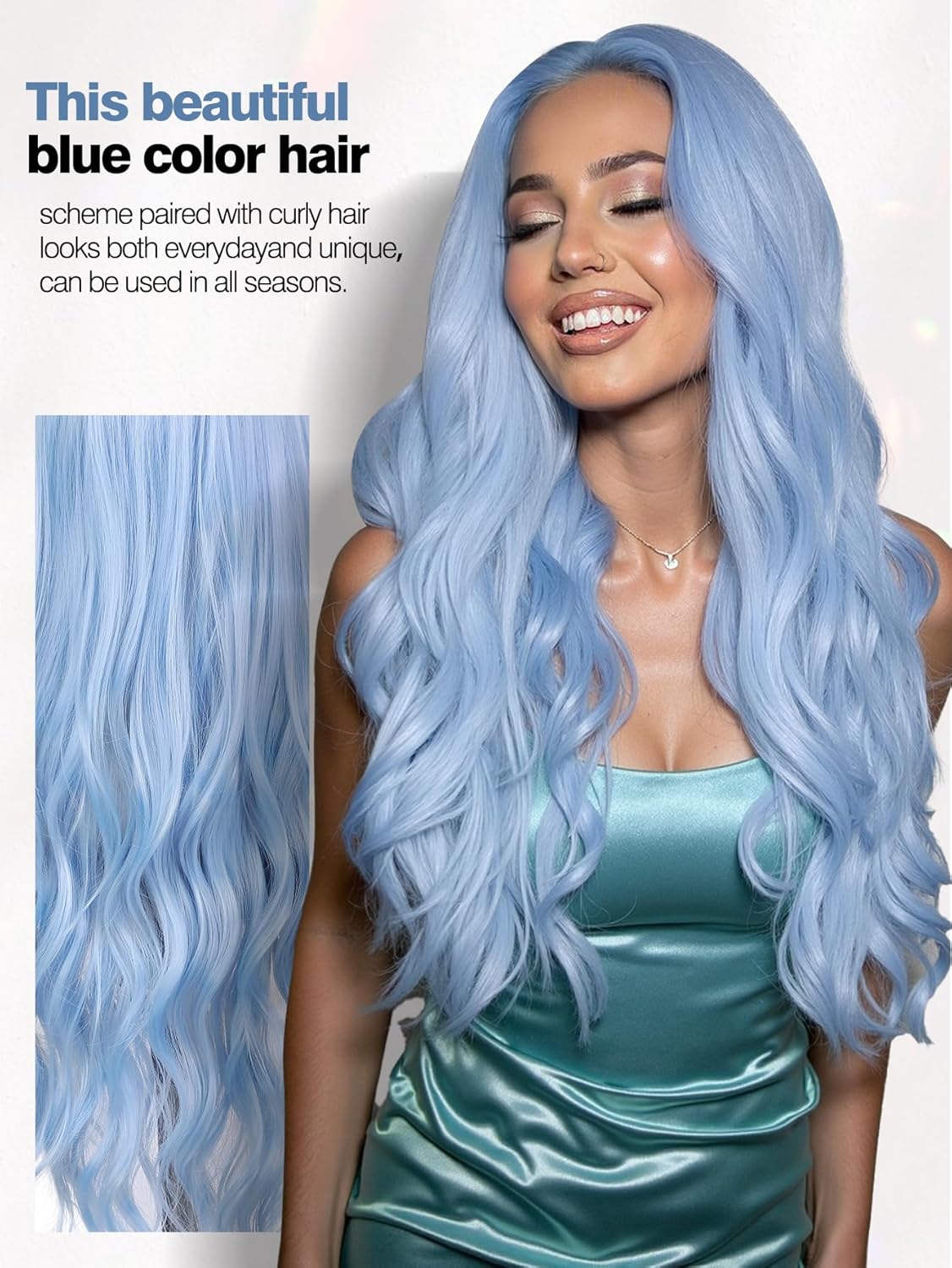 Quantum Love Long Curly Blue Wig for Women Light Blue Long Wavy Wigs 28 Inch Natural Looking Synthetic Fashion Color Hair for Cosplay Halloween Daily Party Use