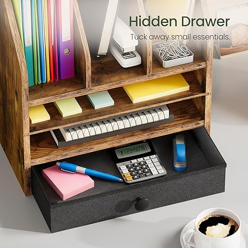 Miniatura 9 de Organizador de escritorio de madera con estante extraíble y cajón de tela, soporte de archivos de escritorio con múltiples compartimentos para