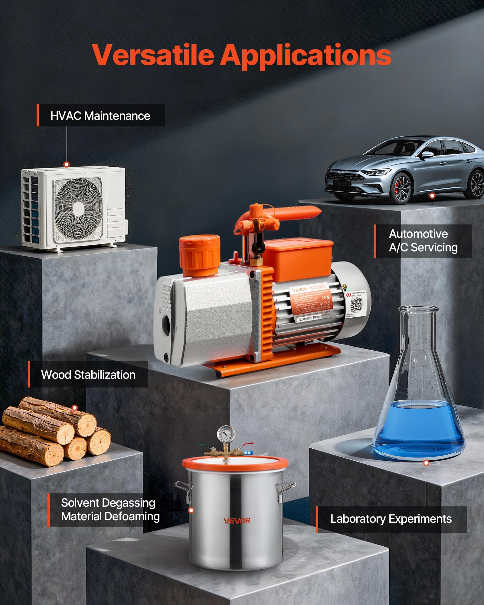 VEVOR Pompa próżniowa, 7 CFM 3/4 HP, HVAC dwustopniowa obrotowa pompa próżniowa AC, do R134a R22 R410a R1234YF R32, silnik 4-biegunowy, do konserwacji klimatyzatorów samochodowych, odgazowywanie