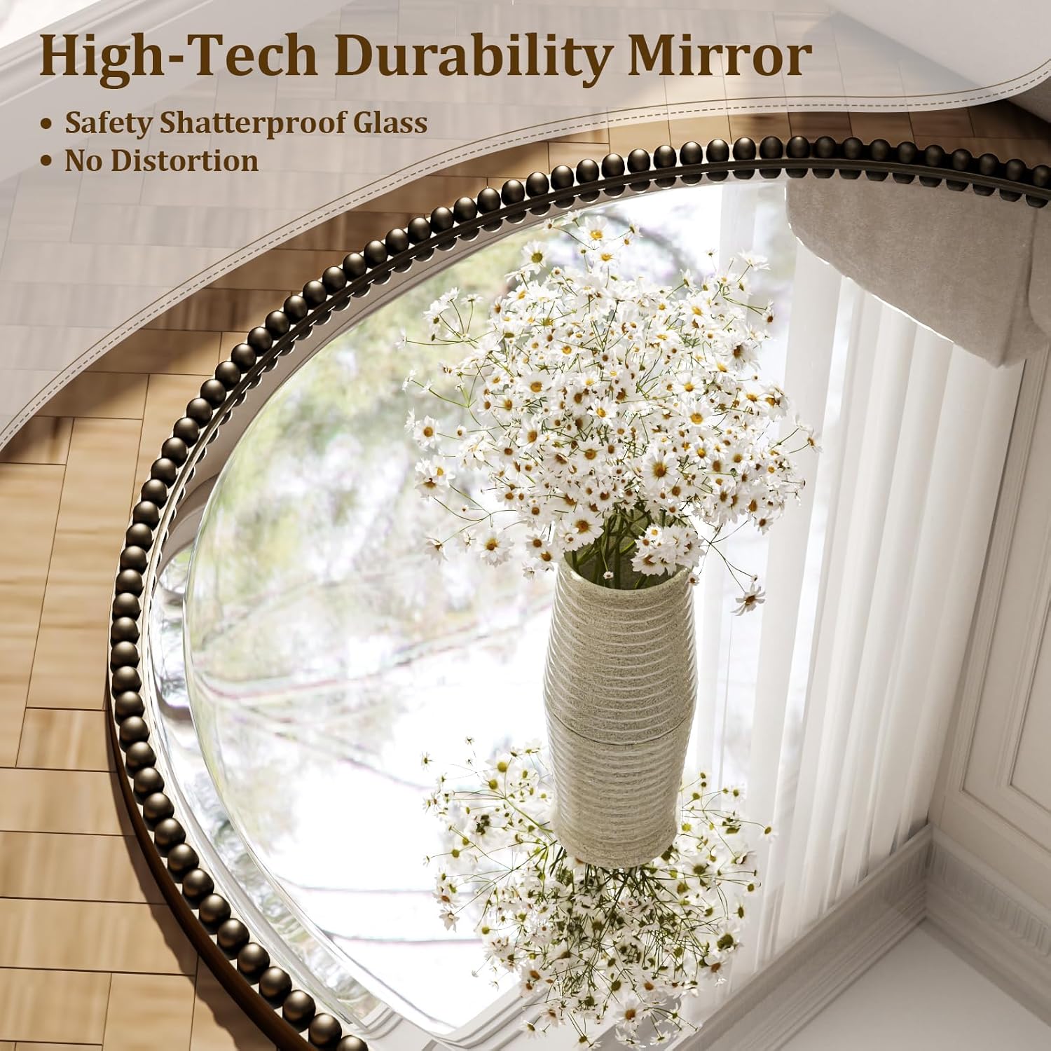 24 Inch Round Bathroom Mirror - Luxurious Retro Beaded Circle Decorative Wall Mirror with PU Frame Hanging Leaning as Art Decor for Entryway, Bedroom, Living Room, Hallway, Bronze