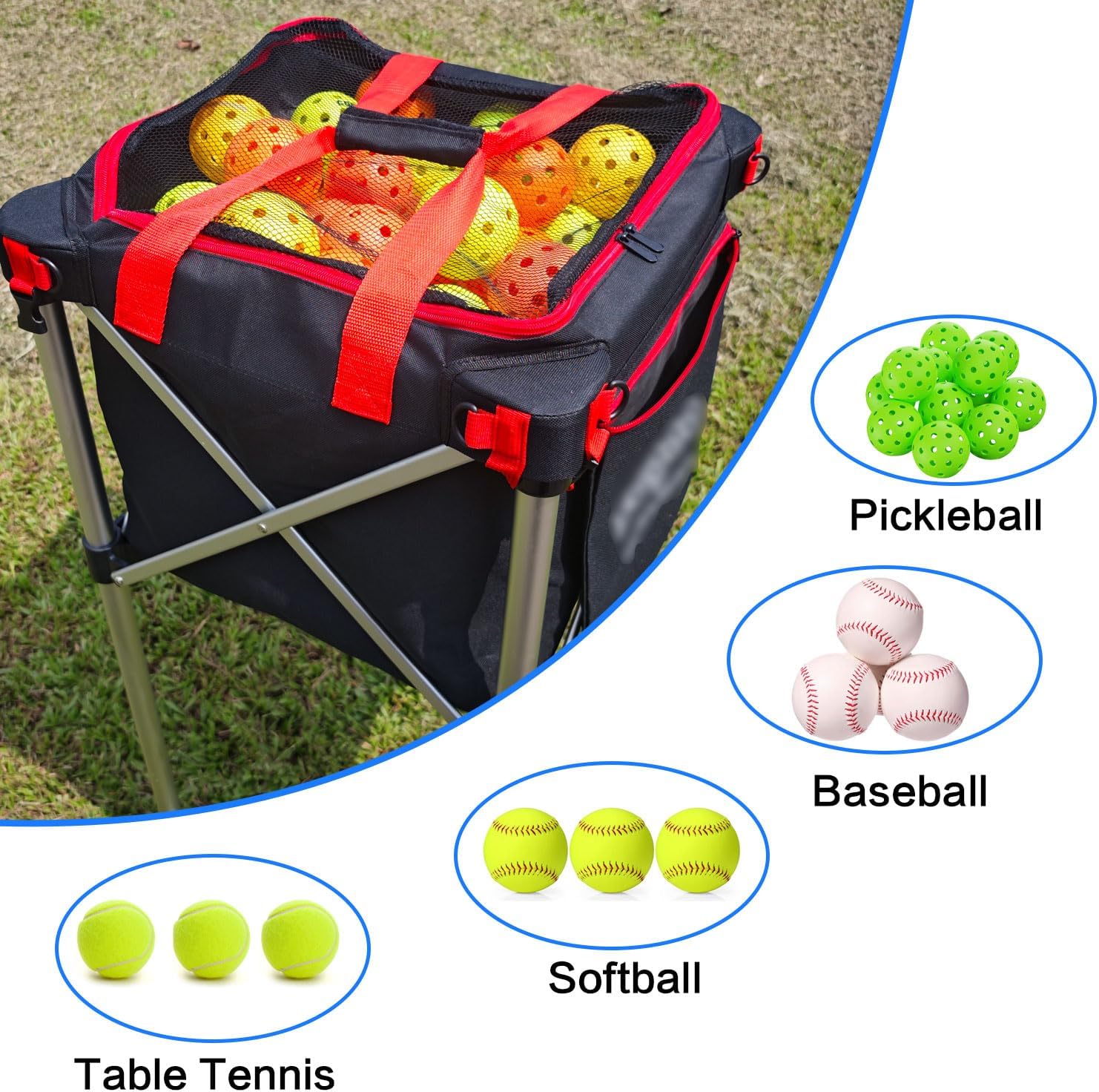 Pickleball Tennis Ball Hopper-Foldable Lightweight Tennis Cart Holds 180 Tennis/160 Pickleballs with Removable Bag,Wheels,Side Pocket for Training/Teaching, for Tennis/Pickleball/Baseball/Softball