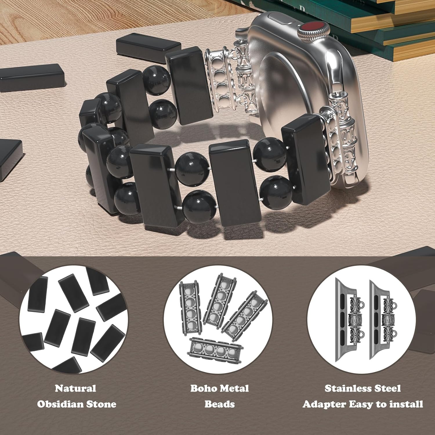 Boho Natural Stone Bracelet Compatible with Apple Watch Band 38mm/40mm/41mm Series 10 9 8 7 SE Women, Handmade Obsidian Stones Elastic Stretch Strap for iWatch Bands Replacement (Black/38S) - Image 6