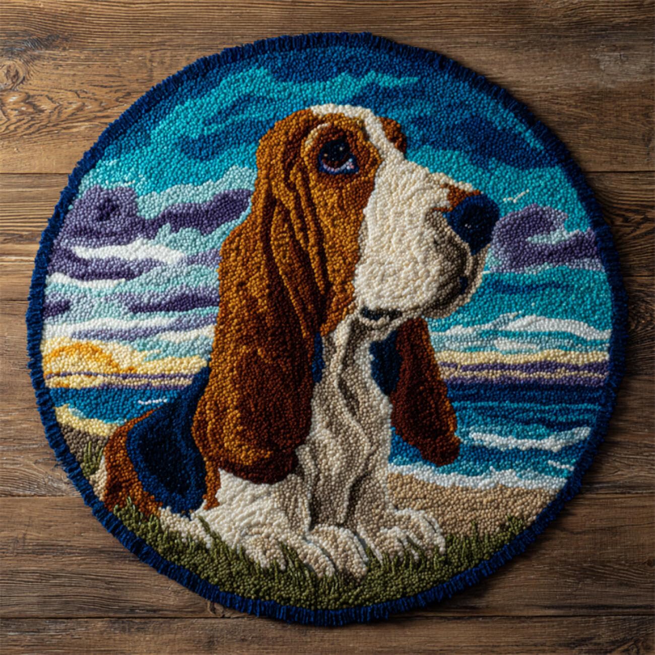 Kitquiver Dog Animal Latch Hook Rug Kits Basset Hounds and The Sea DIY Latch Hook Rug Kit for Adults，Carpet Making Needlework for Beginners，Home Decor 50x50cm