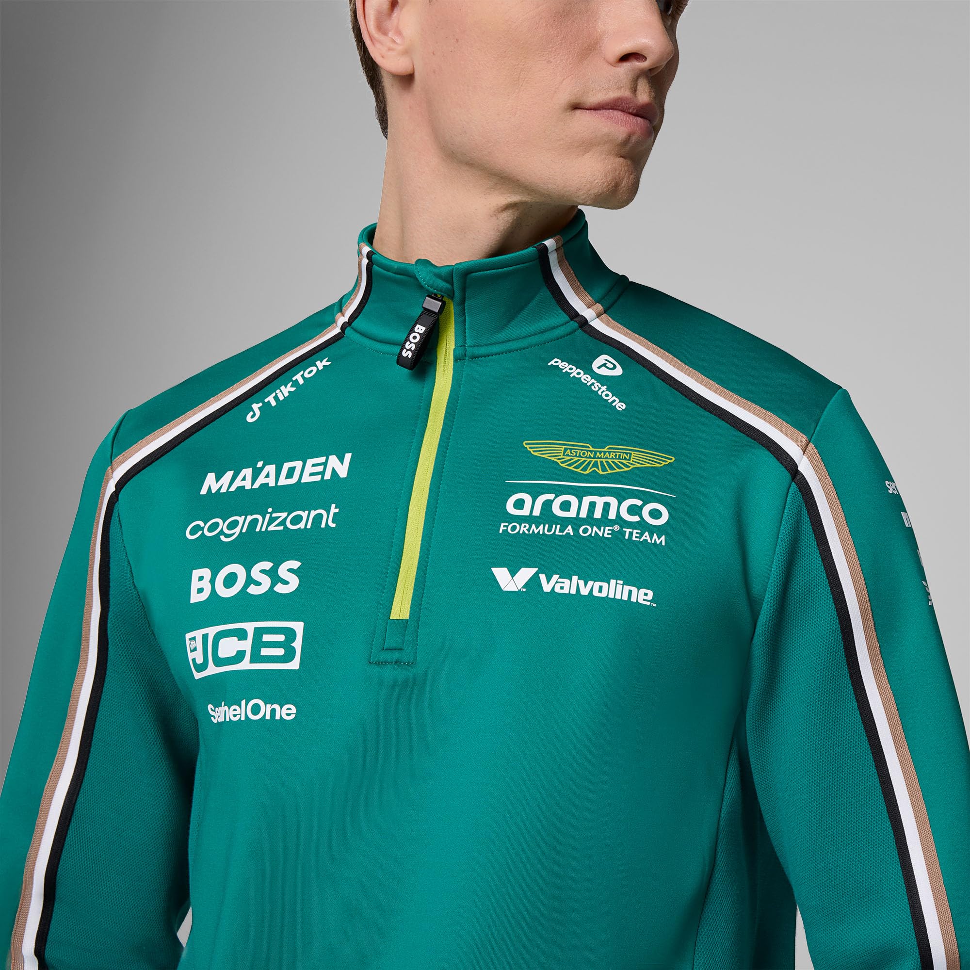 Aston Martin F1 2025 Sudadera 1/4 Zip para Hombre | Logotipos de los socios del equipo de la Scuderia Ferrari de 2025, Detalle de rayas del equipo en el cuerpo