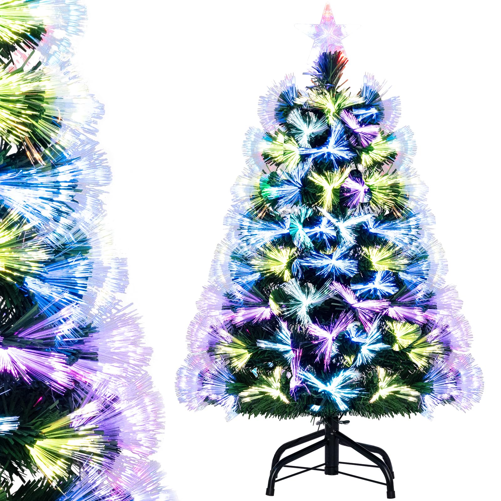 COSTWAY Árbol de Navidad de Fibra Óptica 90cm, Arbol de Navidad con Luces Incorporadas,Multicolor, Estrella, 93 Ramas de PVC, Arvore de Natal Casa Oficina