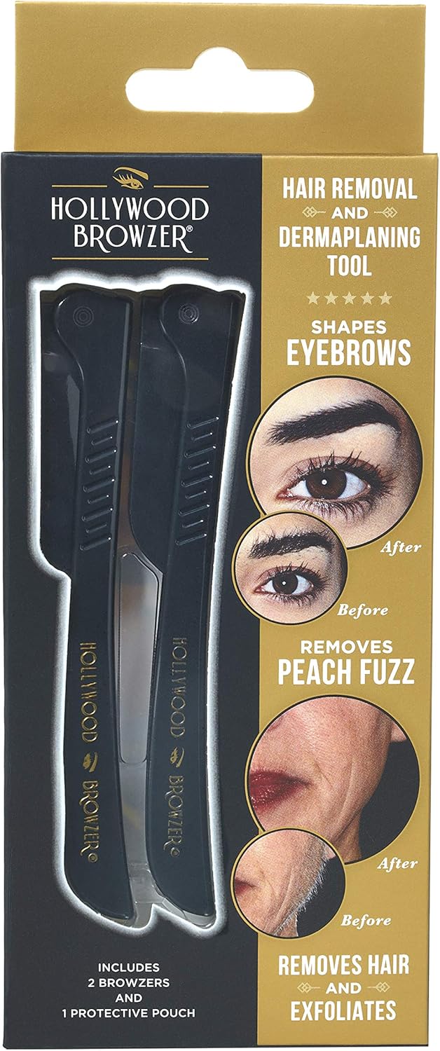 HOLLWOOD BROWZER Duo Dermaplaning -Cuchillas para Cara - Para moldear las cejas, quitar vello no deseado, Herramienta Exfoliante para Mujer - Negro