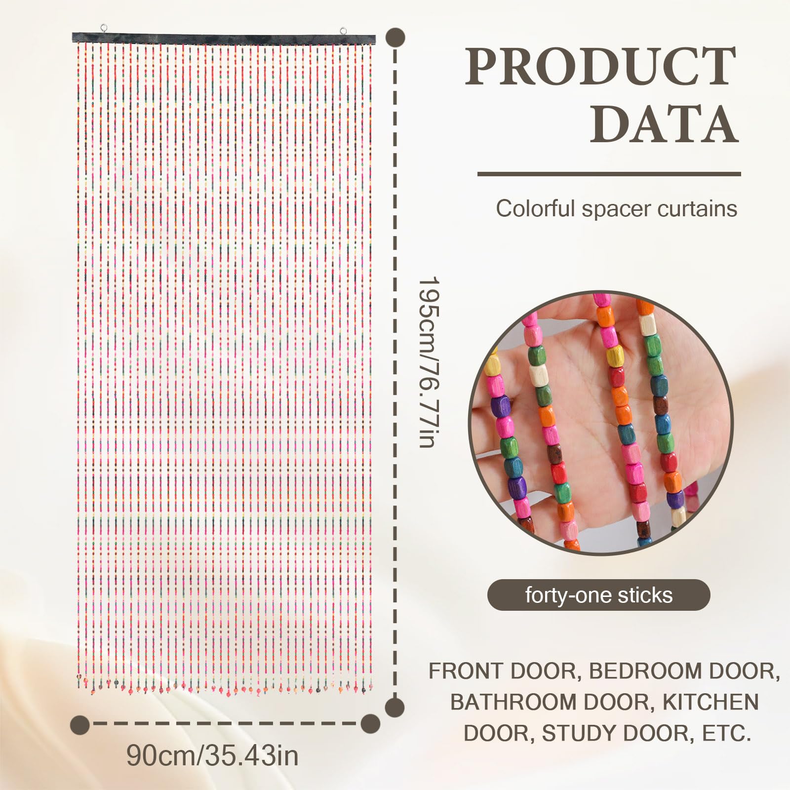 YCBTREE Beaded Door Curtain, 41 Strands Door Screen 90 x 195 cm Colorful Boho Bamboo Handmade Hanging Door Beads Windows Room Dividers Fly Screen for Doorway - Image 2