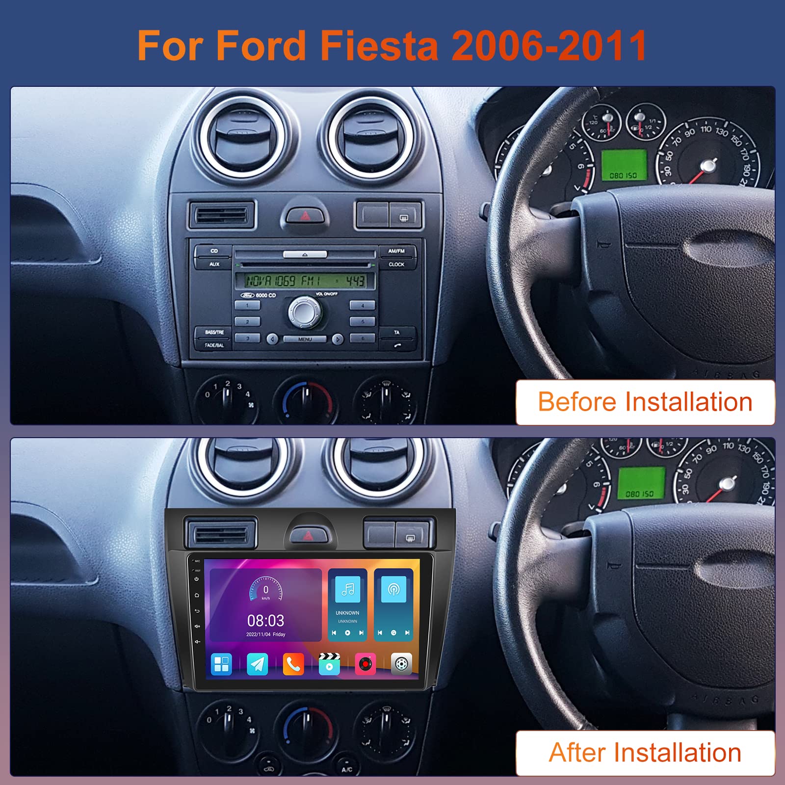 Hodozzy 2GB 64GB Android Radio para Ford Fiesta 2006-2011 Radio Carplay Android Auto Mirror Link, Pantalla Táctil 9 Pulgadas GPS Bluetooth WiFi FM RDS HiFi SWC, Cámara Trasera 2 DIN para Ford Fiesta