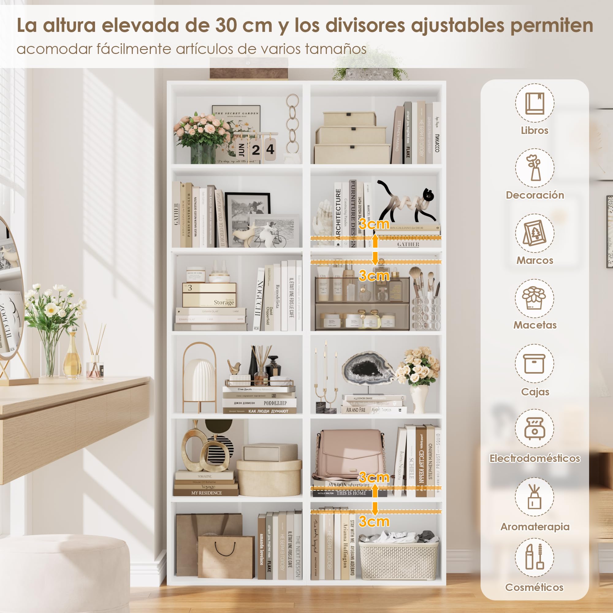 FirFurd Estantería Libros Sinfonier Alto Librería Madera, 6 Compartimentos | Librería Estantería, Biblioteca, Estanterias Almacenaje, Estrecha y Alta, para Salón Oficina Dormitorio Blanco 48x30x191Al.cm