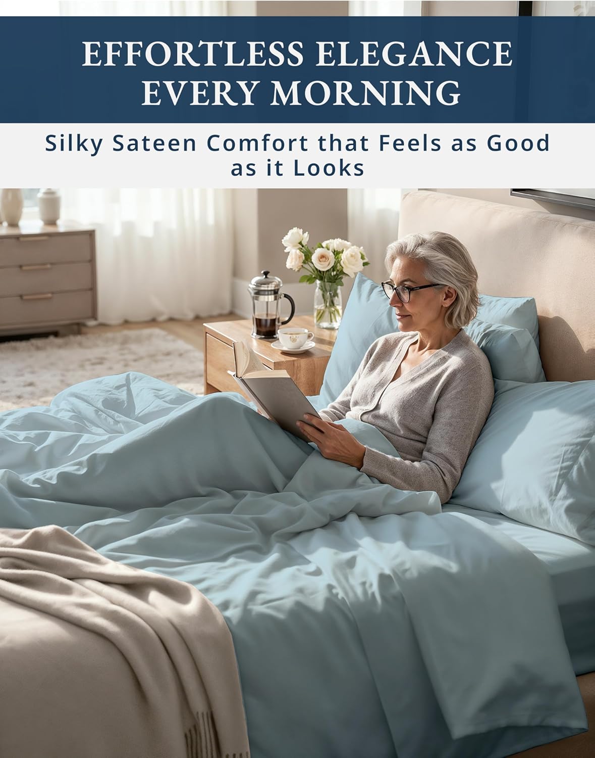 LANE LINEN 1000 Thread Count 100% Egyptian Cotton King Size Sheets – Silky Sateen Weave, Naturally Cooling & Durable, Ultra-Soft Luxury You Can Feel,15" Deep Pocket King Sheet Set – French Blue - Image 5