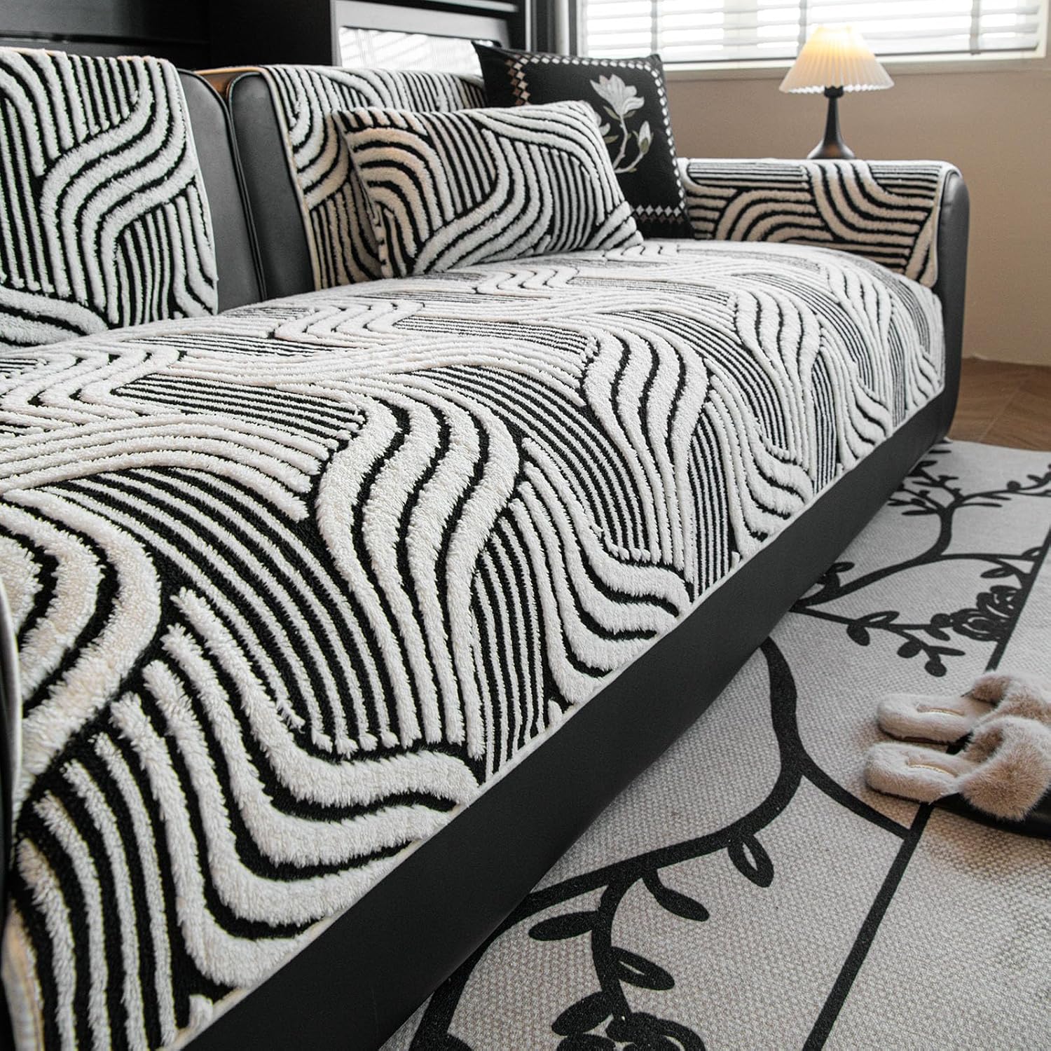 vctops Boho Plush Couch Cover, Washable Sectional Sofa Cover, Non Slip Sofa Slipcover for 3 Cushion Couch Sofa L Shaped Armrest Backrest, Furniture Protector Covers for Pets Kids (Grey,28"x82")