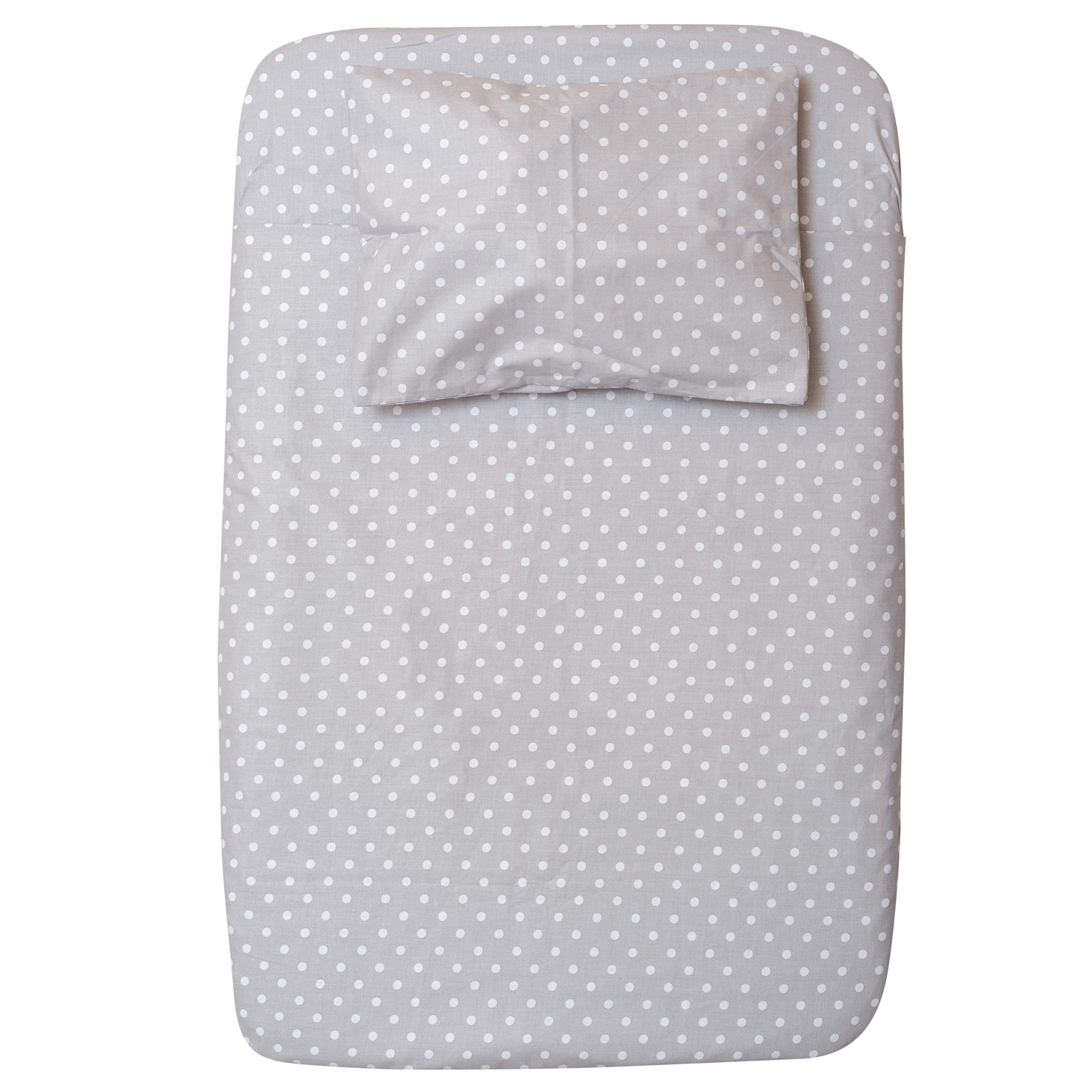 CangooCare© Set Lenzuola 4 Pezzi Compatibile Next2Me, Culle Cosleeping, Carrozzina, 100% Cotone, 2 Lenzuola Con Angoli, 1 Lenzuolo Sopra, 1 Federa (Pois Grigi)