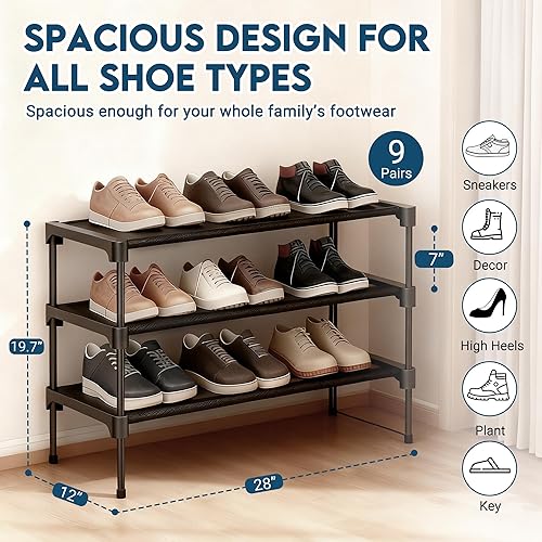 Miniatura 2 de LOFTEY Zapatero no tejido de 3 niveles, organizador apilable para armario, puerta delantera y entrada, 28 pulgadas de ancho, color negro