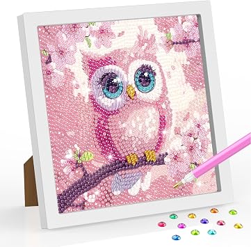 SENQAO Owl Diamond Art Kits for Kids with Frame, Pink Flower Diamond Painting for Kids Ages 4-6-8-12, Easy Kids Gem Art Kit with Beautiful Package for Home Wall Decoration7.1x7.1inch