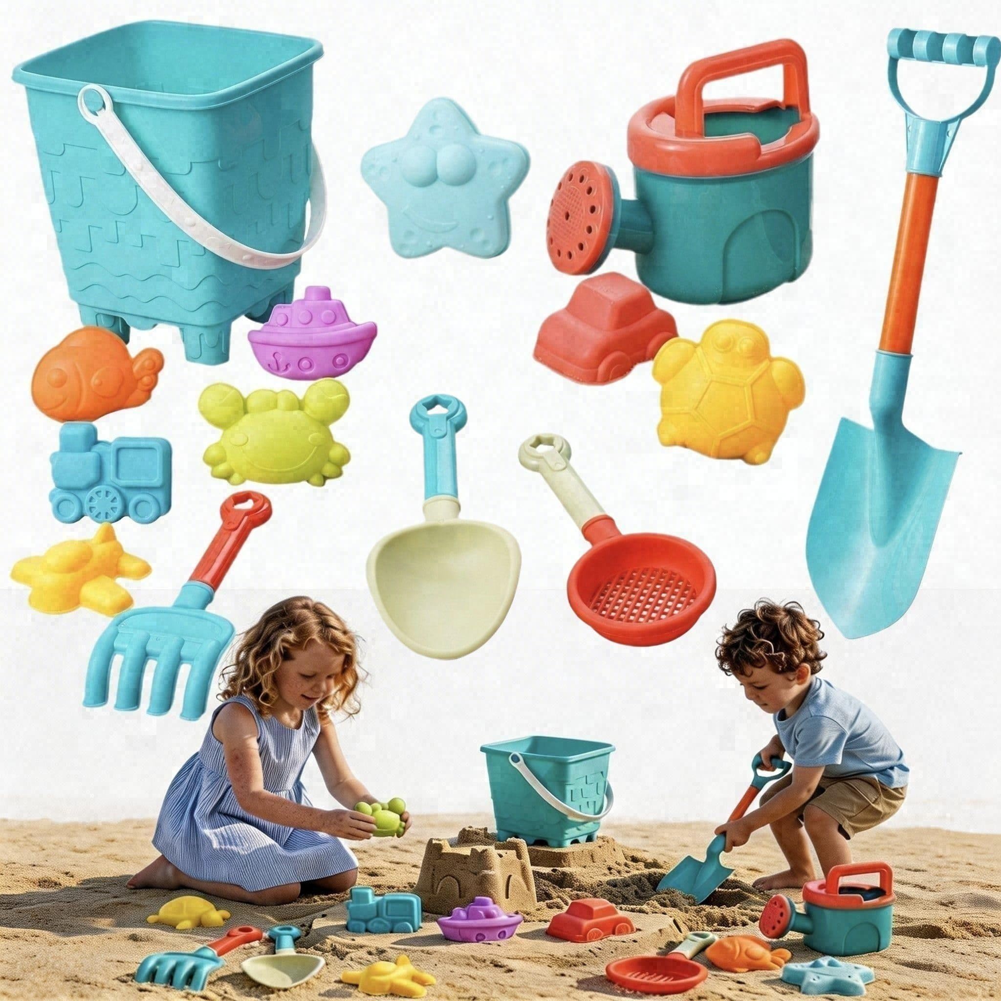 Beach Toys Set for Kids, 14 Pcs Beach Bucket Set with Sand Pit Tools Shovel, Rake, Moulds, Outdoor Summer Sandcastle Playset, Garden Fun Water Activity Play Set Toy for Children Ages 3+ Years
