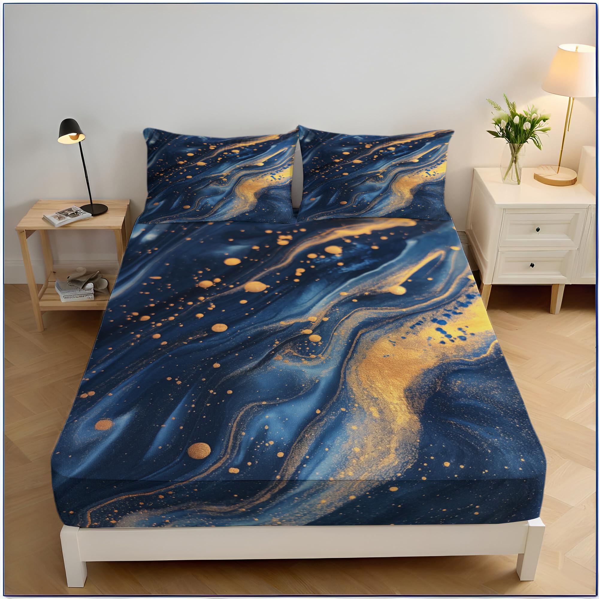 Drap-housse ciel étoilé feuille d'or 200x200 en marbre bleu marine chic