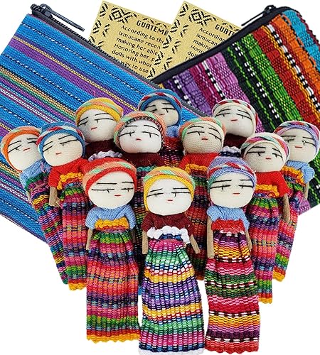 12 muñecas súper lindas + 2 bolsas de tela de Guatemala gratis, hechas a mano desde Guatemala, muñecas de preocupación guatemaltecas, guatemaltecas,