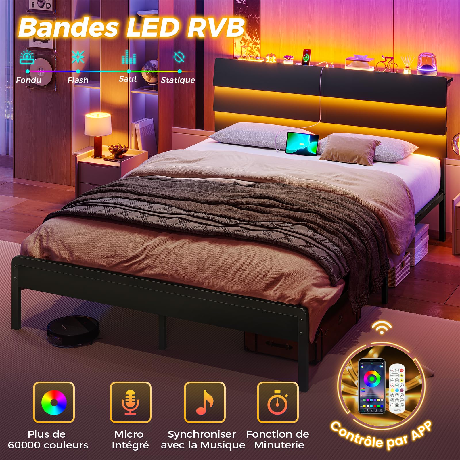 KIMENICH Lit 140x200 avec Sommier Métal, Lit Double avec 3 Rubans LED Réglables et Multiprise, Cadre de Lits avec Étagère Ouverte et Rangement sous Le Sommier 140x200, sans Matelas, Noir
