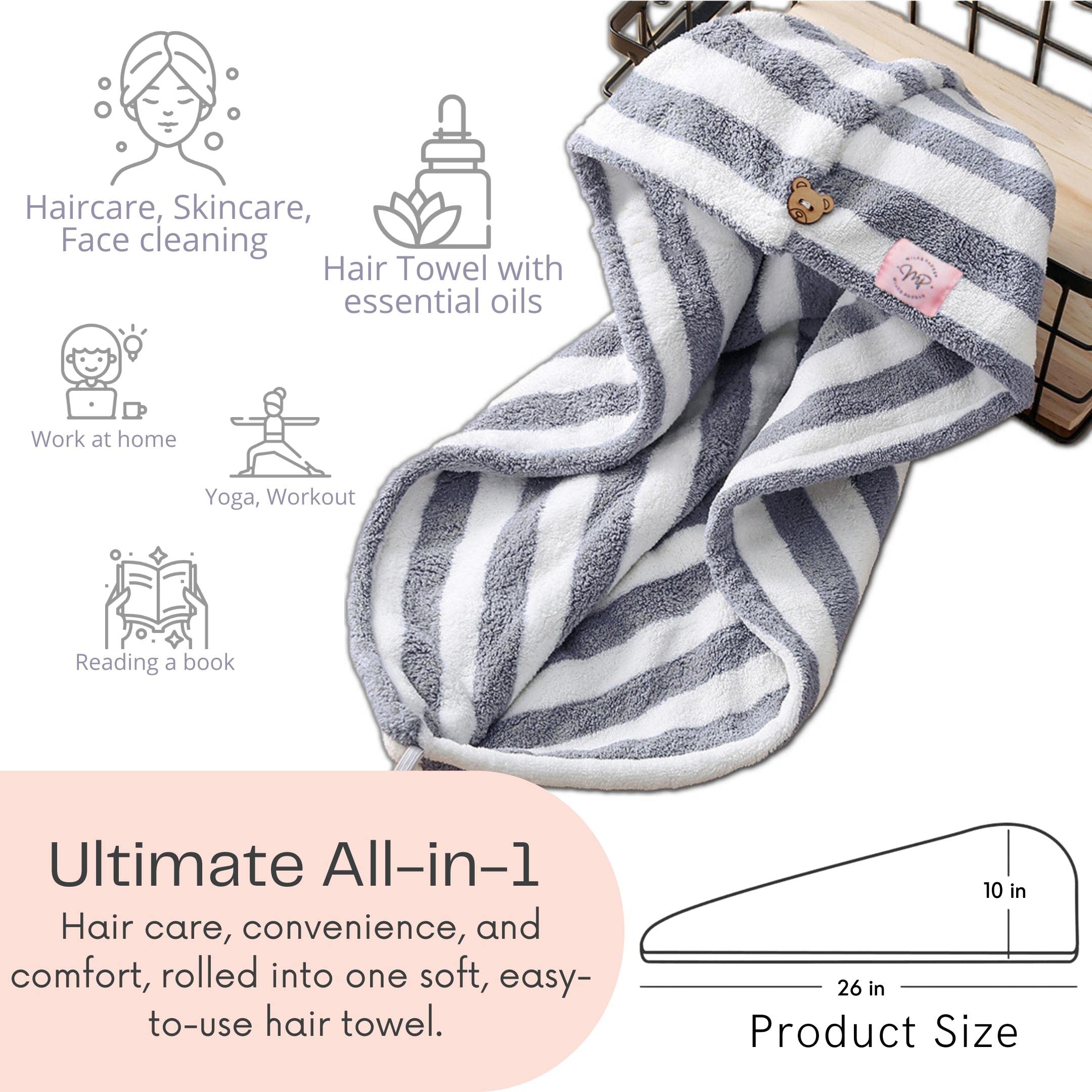 MilesParker ręcznik do włosów z mikrofibry dla kobiet | 4 sztuki | 25 cm x 66 cm bardzo chłonny szybkoschnący turban do suszenia kręconych długich grubych włosów, zapobiegający puszeniu się