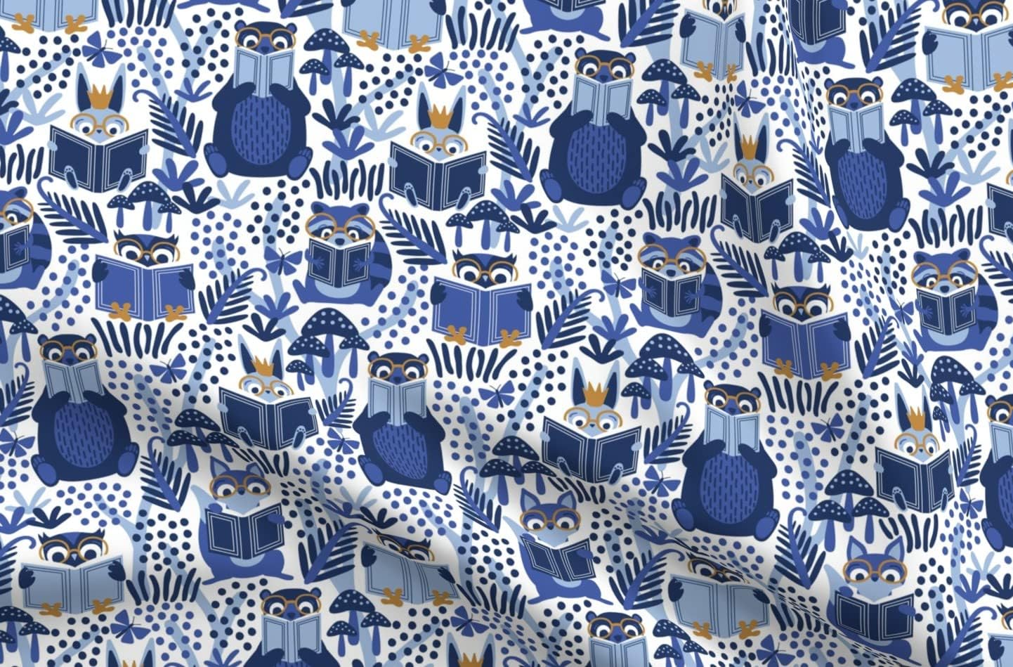 Spoonflower Fabric - Medium Blue Forest Woodland Owl Children Bear Printed on Petal Signature Cotton Fabric Fat Quarter - Sewing Quilting Apparel Crafts Decor