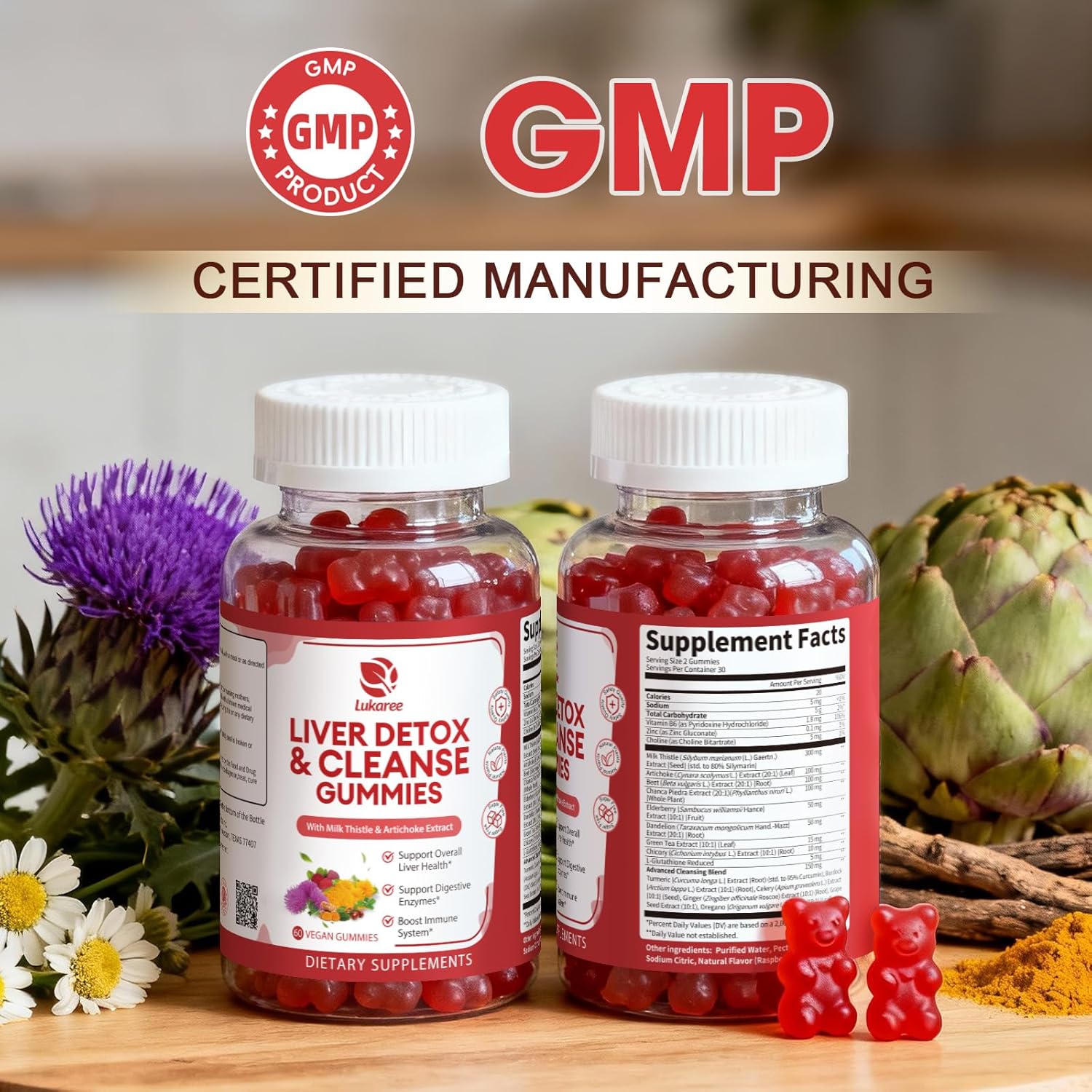 2 Pack Lukaree Liver Cleanse Detox & Repair Gummies | Sugar-Free Milk Thistle Supplement w/Artichok & L-Glutathione - Ultra-Concentrated Herbal Liver Support for Men & Women -Vegan,60 Count - Image 8