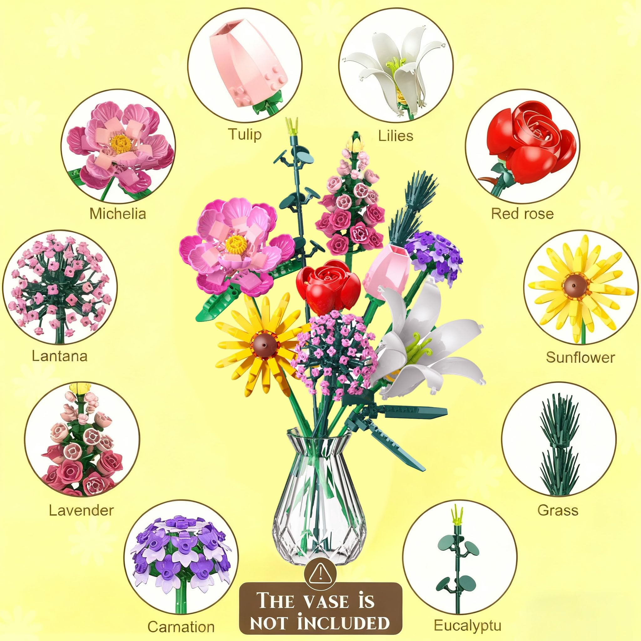 Kit de Construction Bouquet de Fleurs, 721 PCS 10 Flower Décoratives pour Bureau ou Maison, Cadeaux pour Noël Enfants 6+ Ans & Adultes, Fête des Mères, Saint-Valentin pour Homme ou Femme