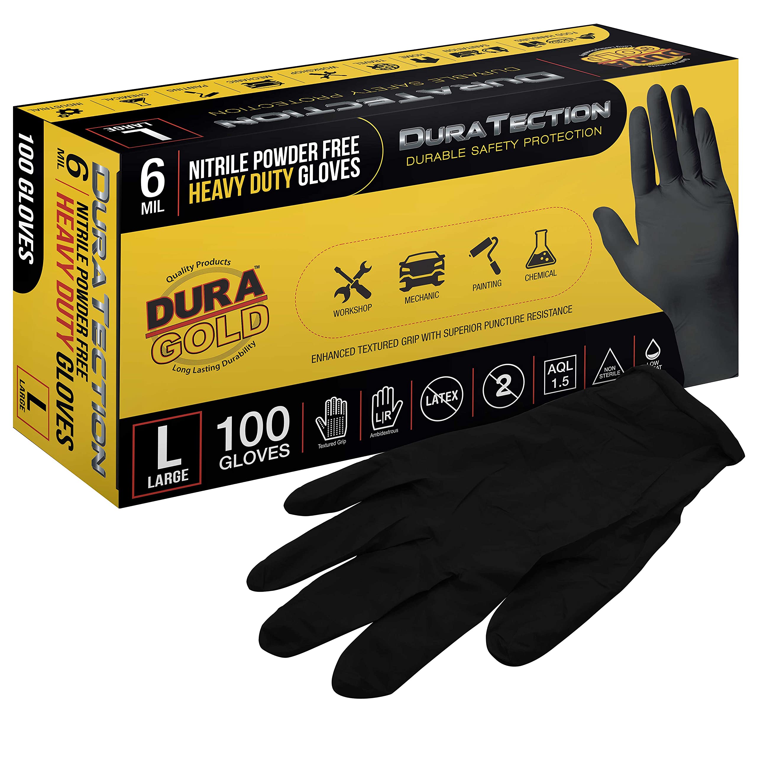 Dura-Gold HD Nitril-Einweghandschuhe, Schwarz, 100 Stück, Größe L, 6 mm, latexfrei, puderfrei, strukturierter Griff, lebensmittelecht