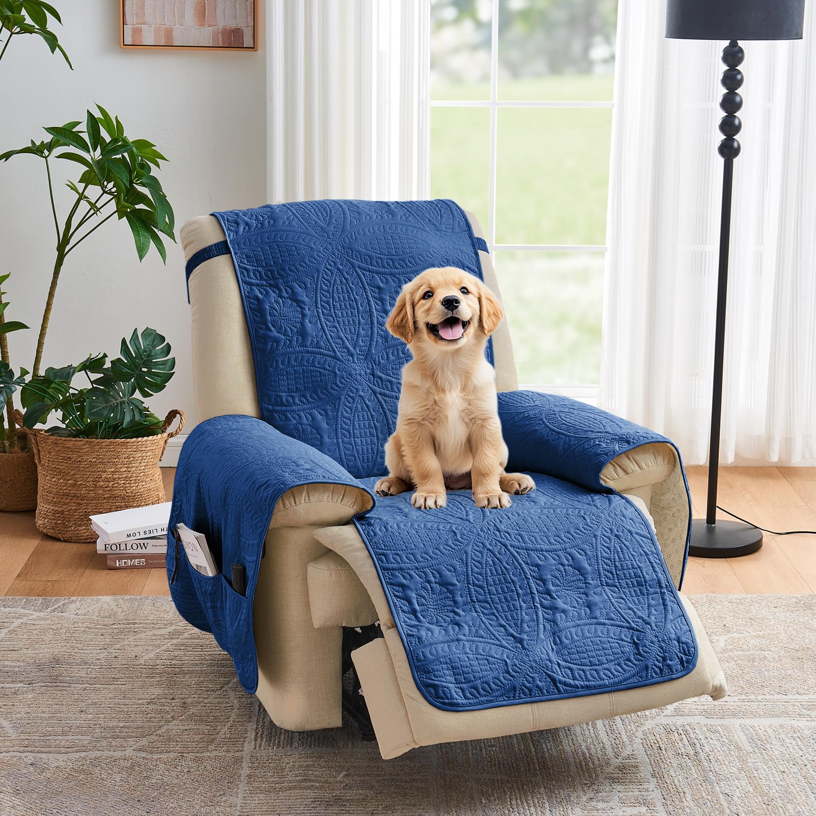 Large Blue Recliner Chair Covers, Quilted Décor Water-Repellent Lazy Boy Chair Covers, Pet Friendly Large Recliner Cover for Dogs Cats, Washable Couch Cover (Recliner 30", Blue)