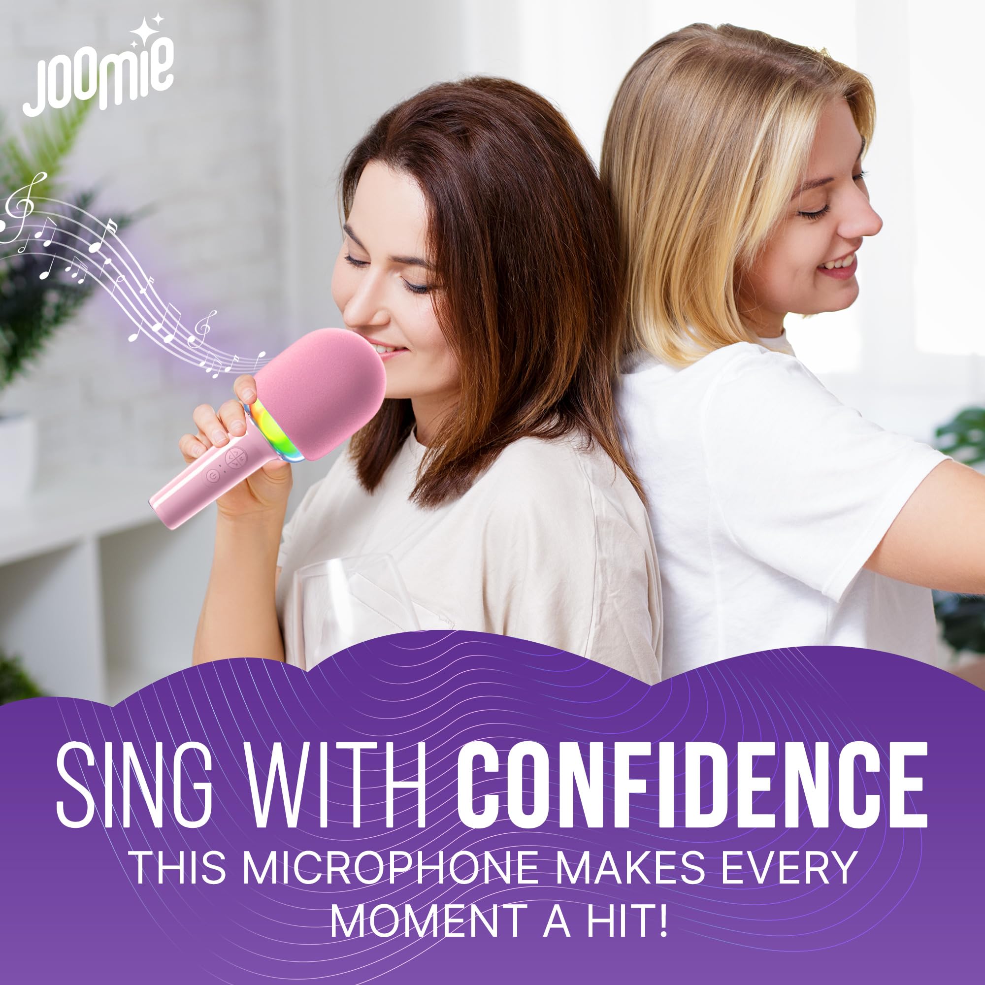 Joomie - Micrófono de karaoke inalámbrico para niños, divertido juguete musical con parabrisas rosa, diseño seguro, controles fáciles y batería de larga duración para fiestas infantiles, citas de 7