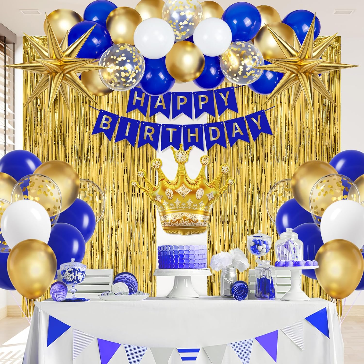 Royal Blue Gold Men's Birthday Banner, Fringe Curtains, Metallic Balloons for 16th to 60th Birthdays