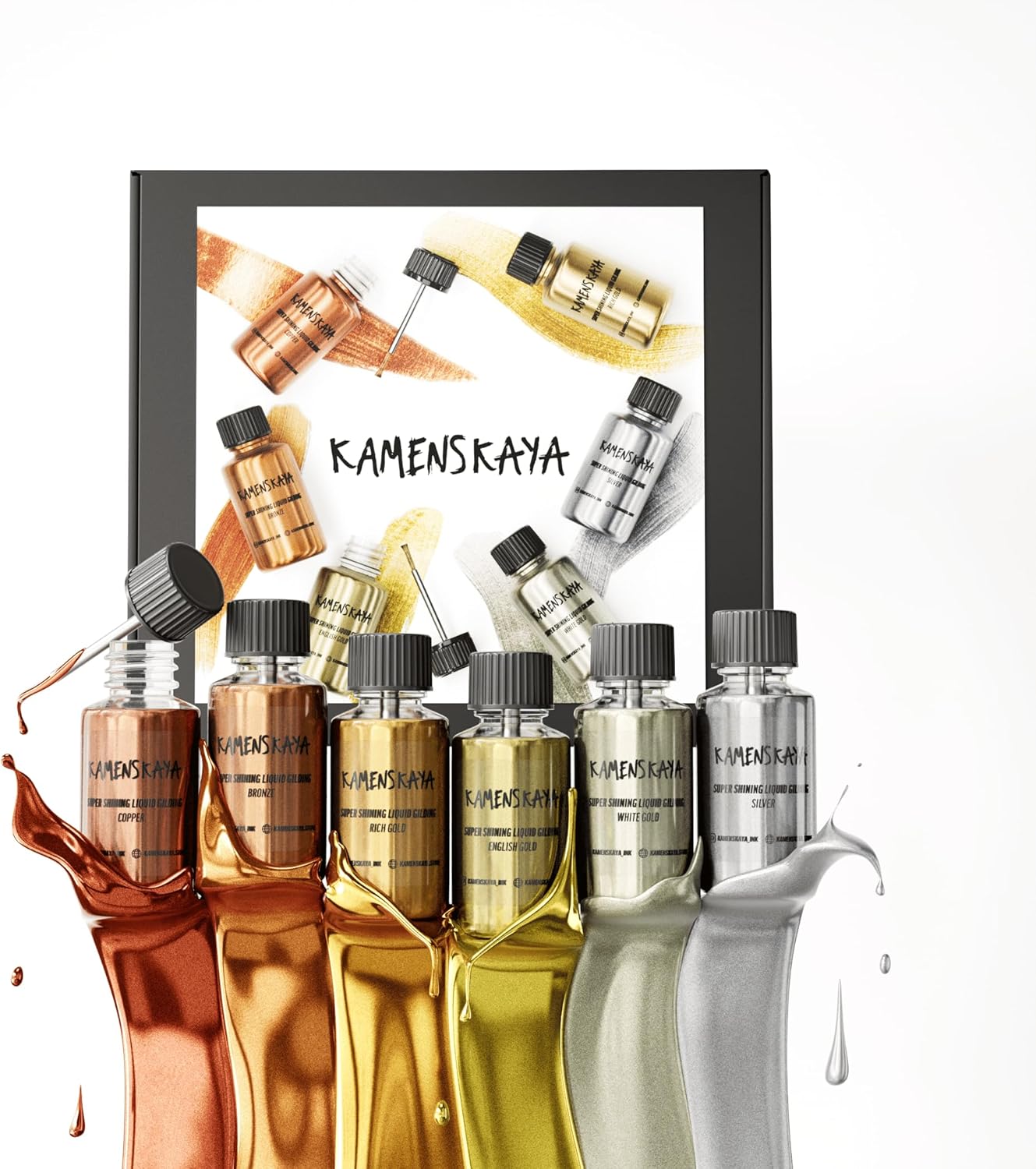 Liquid Leaf Paint - Gilding Paint Set - Rich & English Gold, Silver, Bronze, Copper, White Gold - 6 pcs. 0.68 fl oz (20 ml) Each