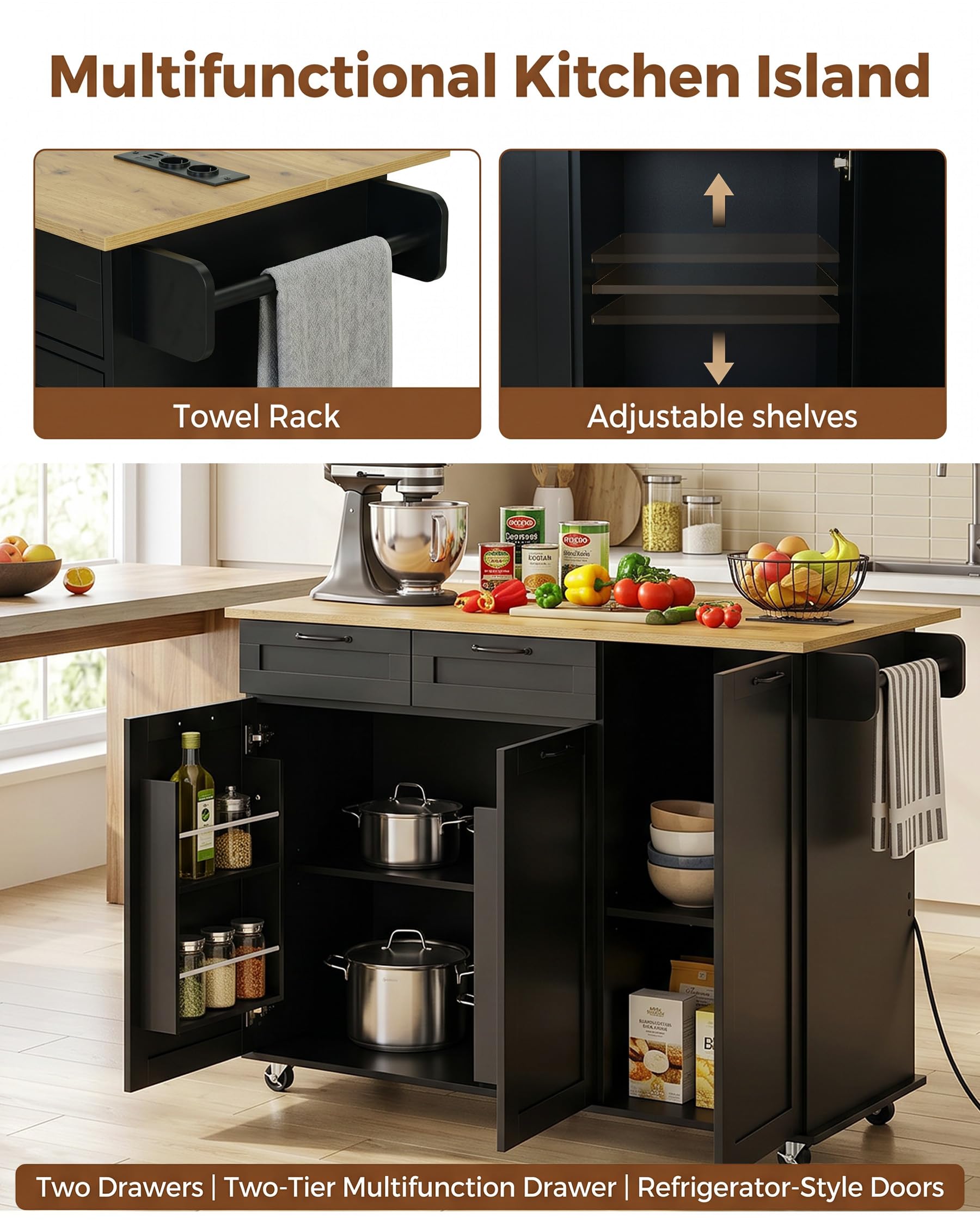 Isola da Cucina con Presa e Piano di Lavoro Pieghevole Mobile da Cucina con Ruote Credenza da Cucina Salvaspazio con 2 Cassetti e 2 Ante Nero/Rovere 120 x 74 x 94,5 cm