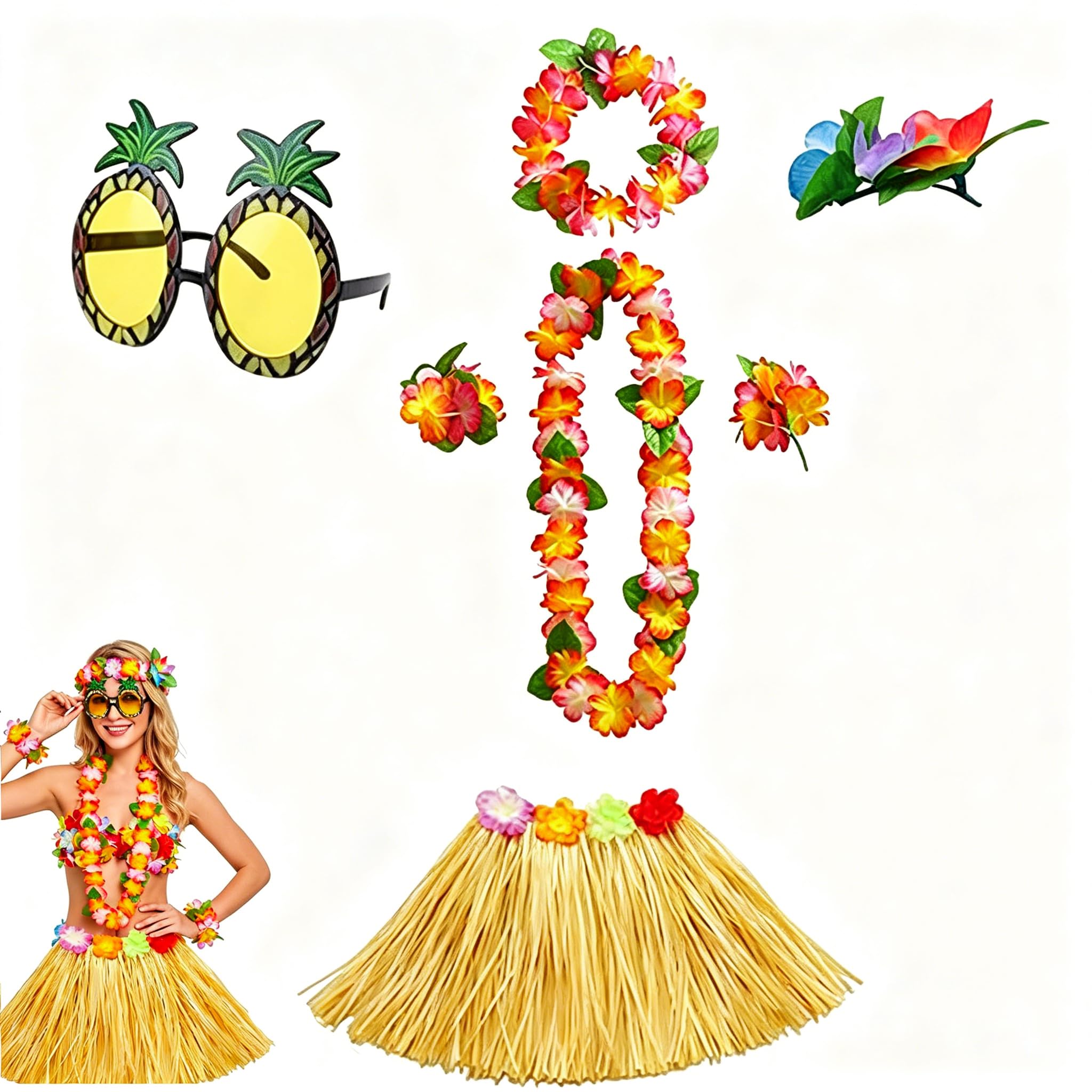 ZeBQrphio 7PCS Hawaiian Fancy Dress Grass Skirt Costume Set, Hawaii Party Accessories with Hawaiian Garland, 40cm Hula Skirt, Pineapple Glasses for Tropical Luau Beach Party